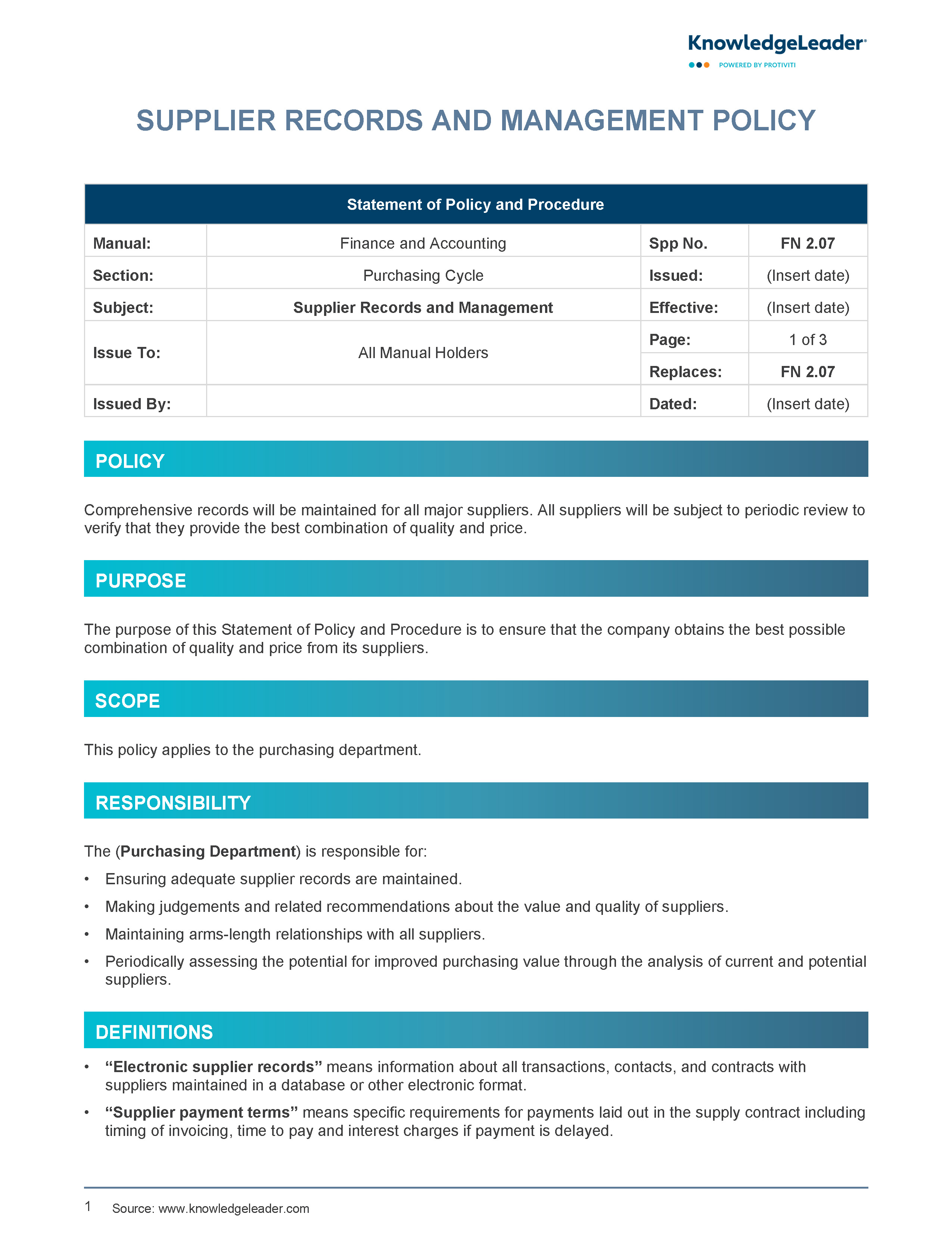 Screenshot of the first page of Supplier Records and Management