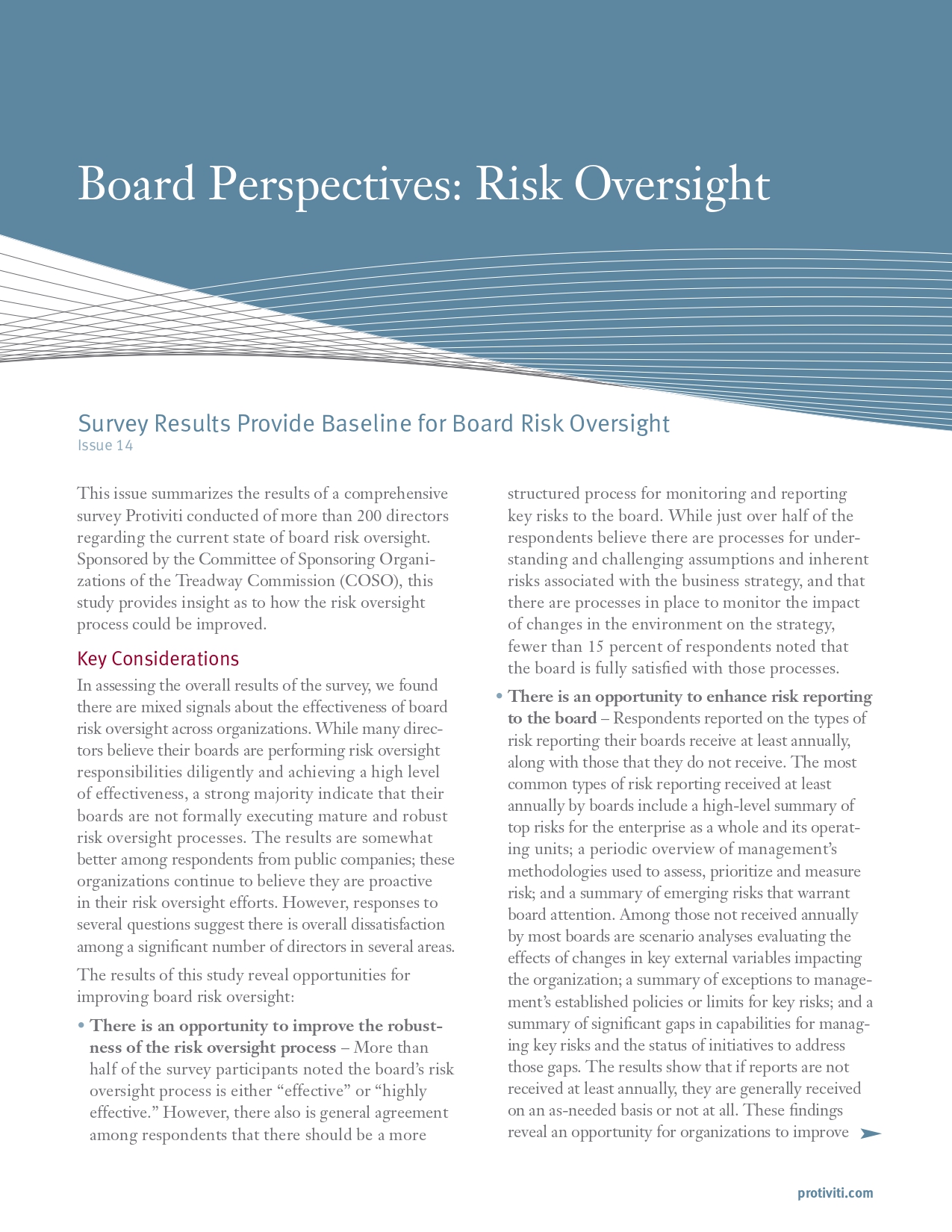 Screenshot of the first page of Survey Results Provide Baseline for Board Risk Oversight
