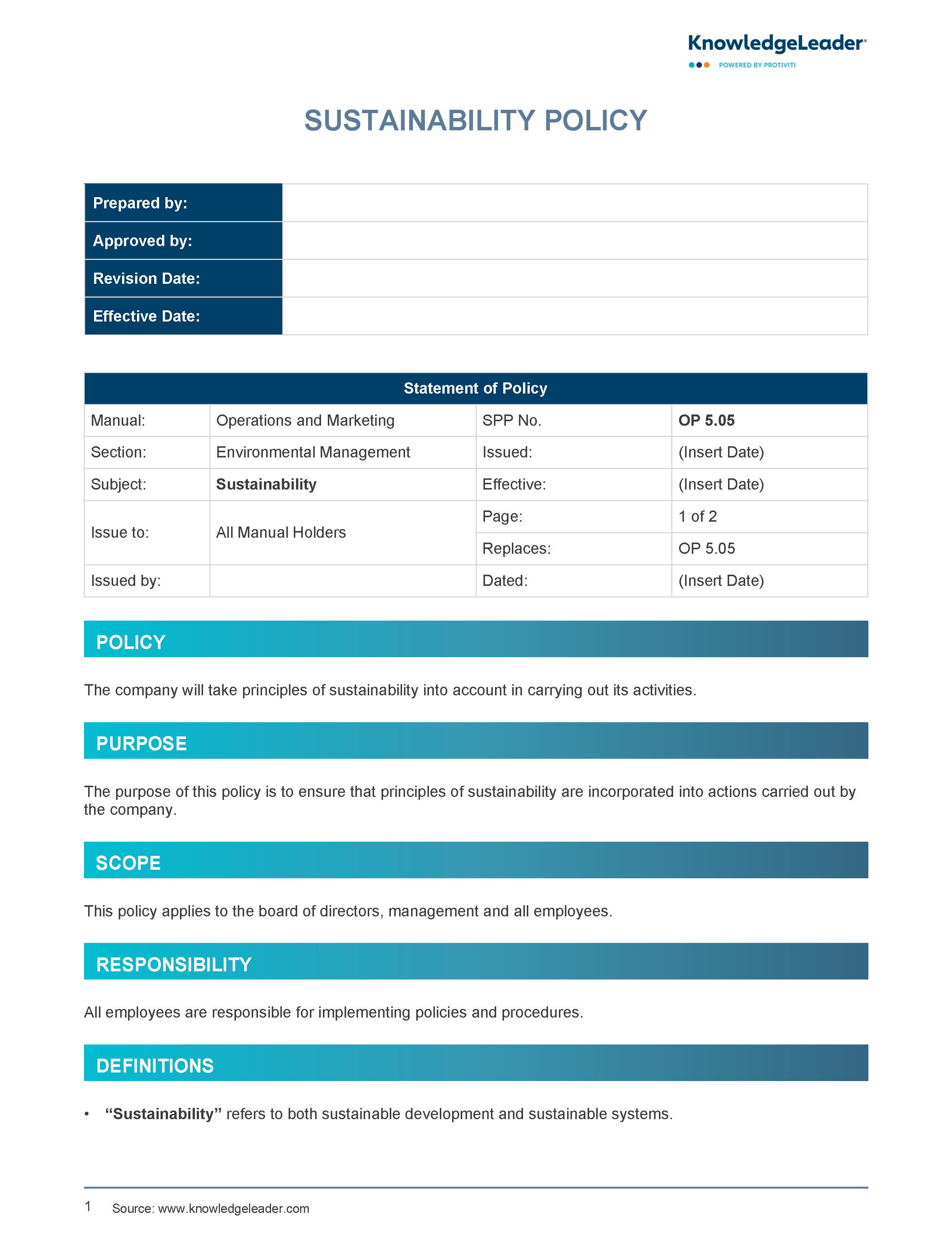 Screenshot of the first page of Sustainability Policy