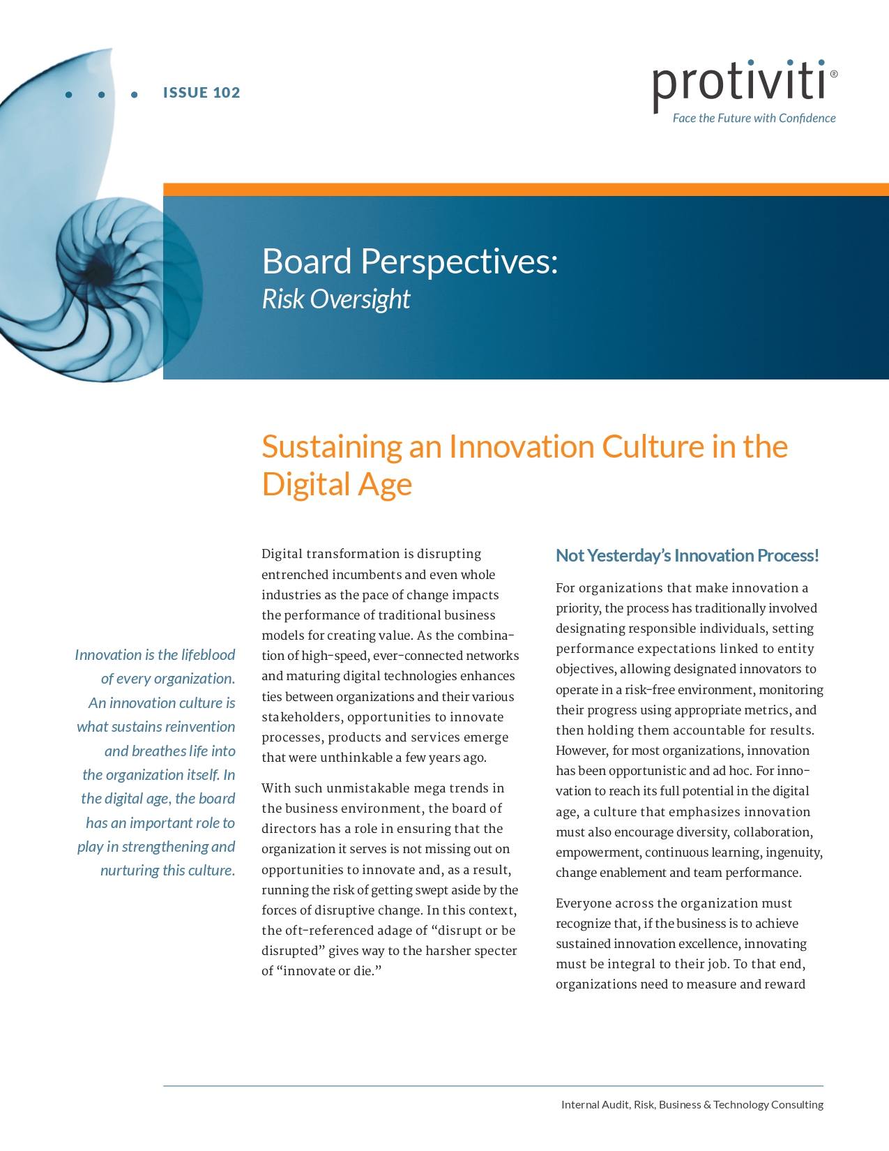 Screenshot of the first page of Sustaining an Innovation Culture in the Digital Age, Board Perspectives - Risk Oversight, Issue 102