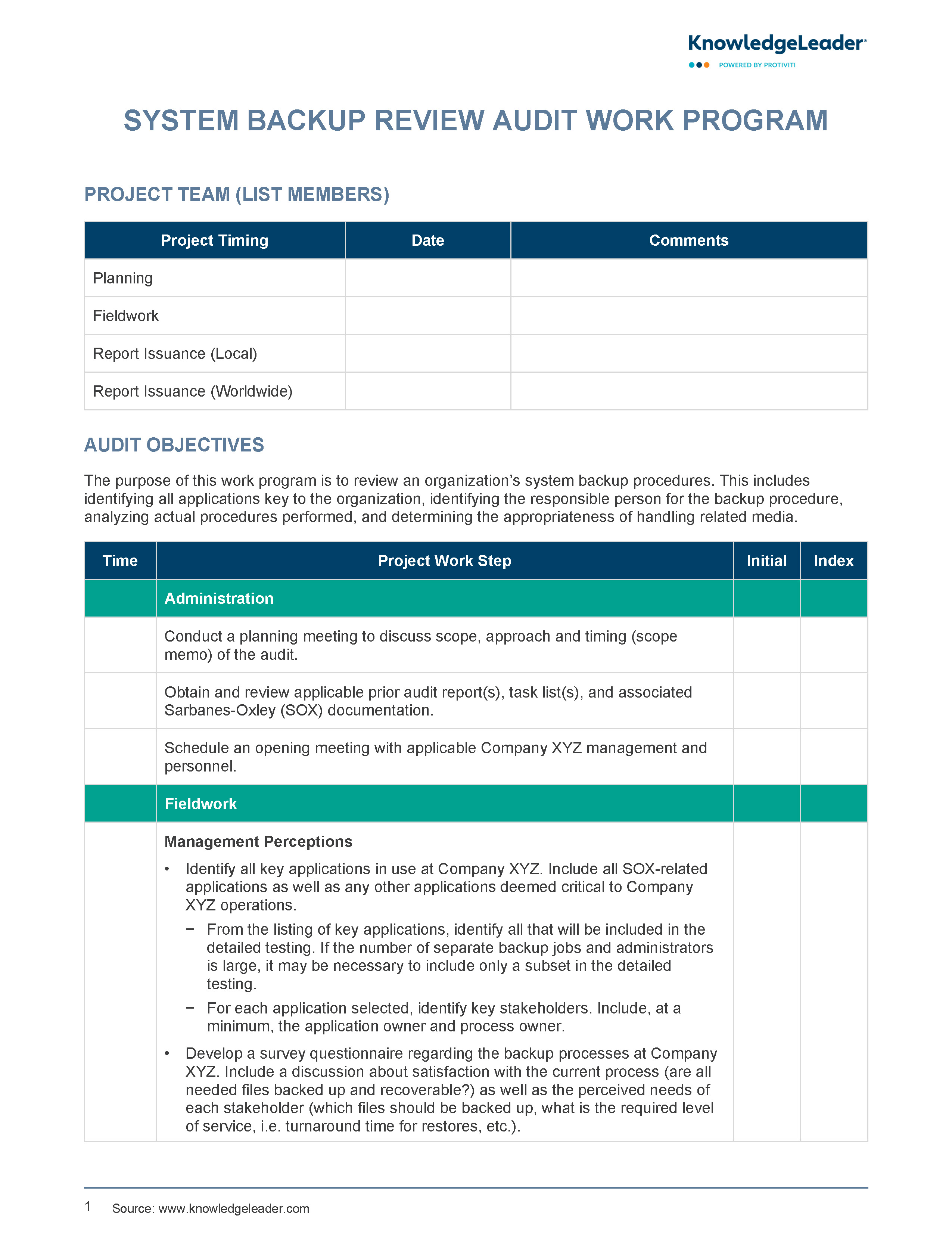 Screenshot of the first page of System Backup Review Audit Work Program