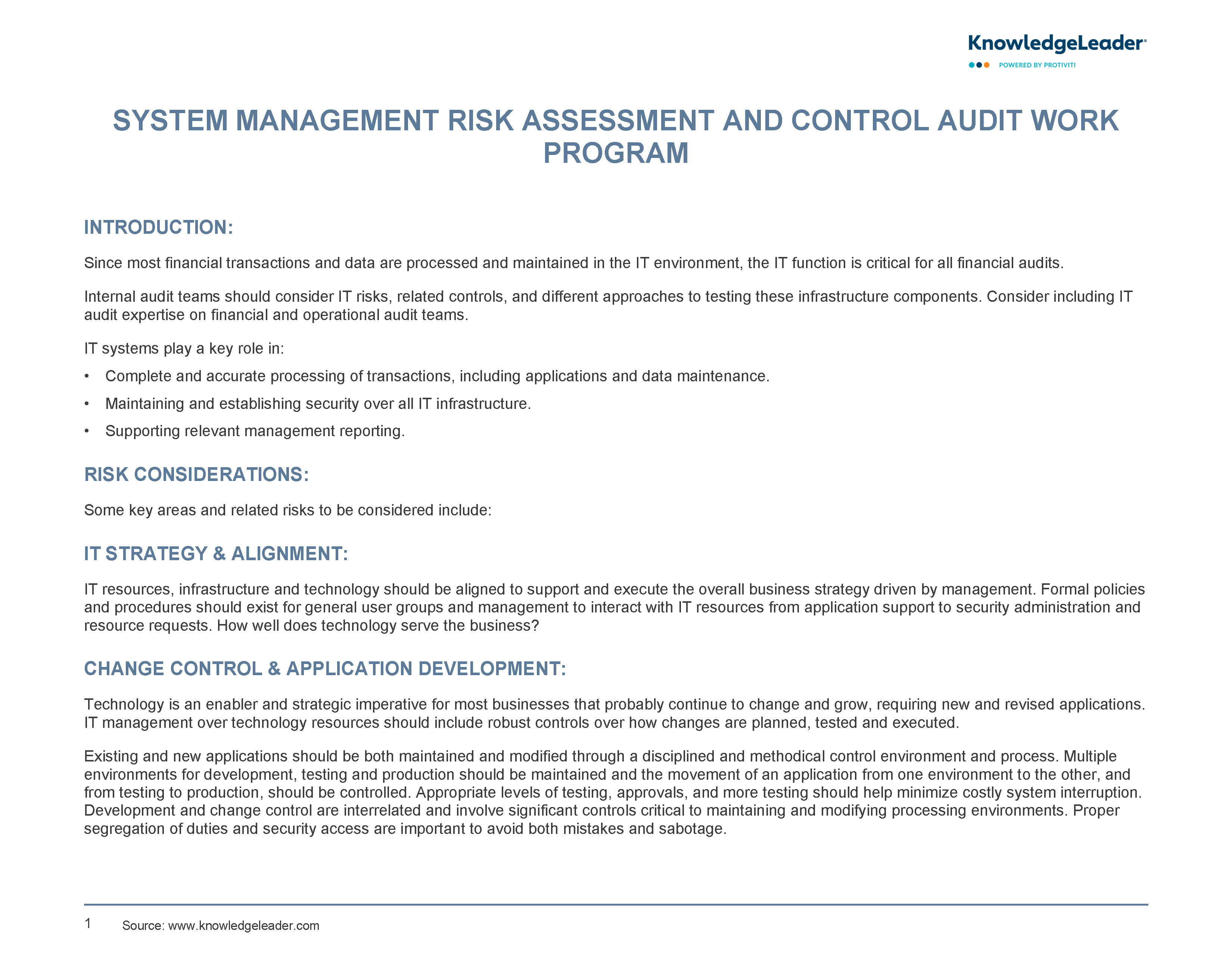 Screenshot of the first page of System Management Risk Assessment and Control Audit Work Program