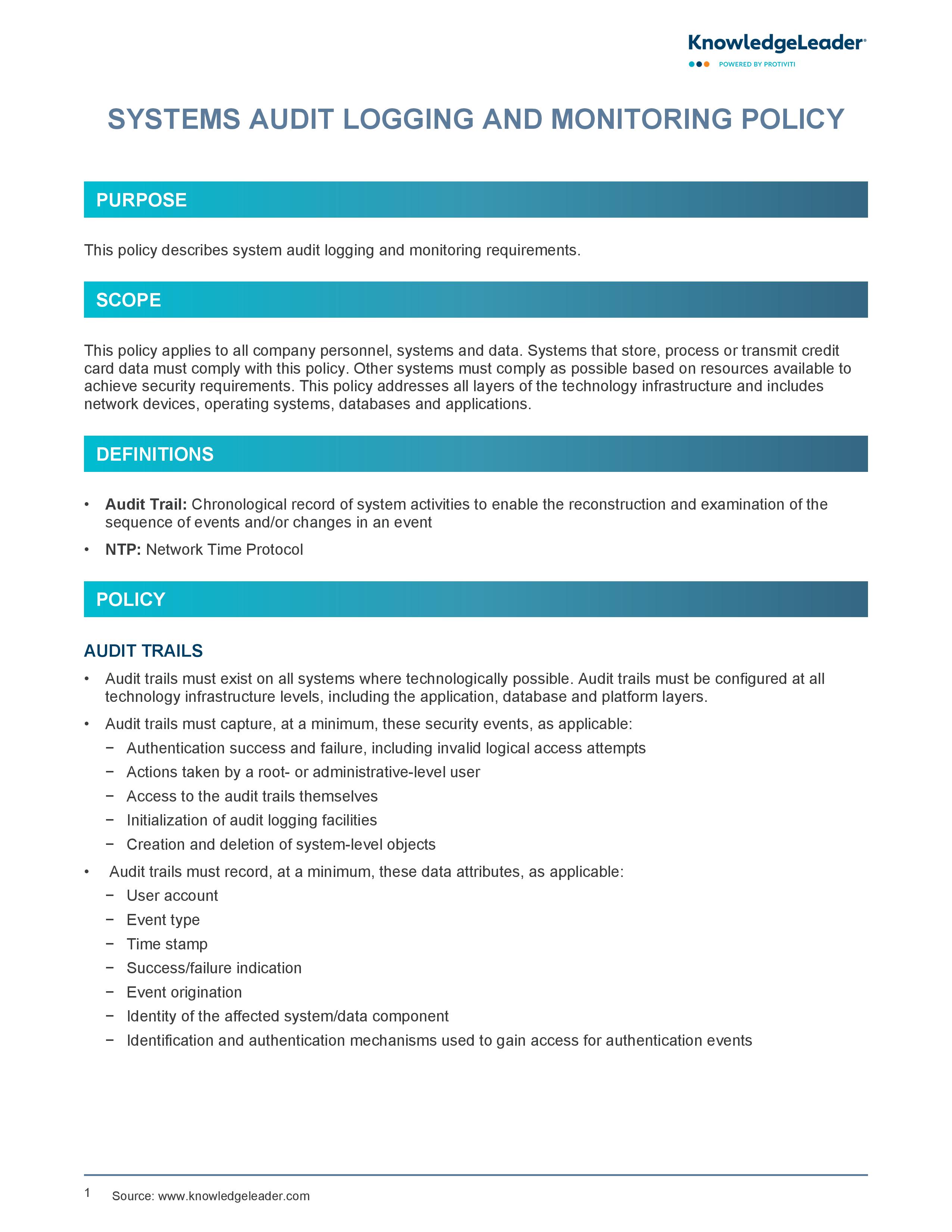 Screenshot of the first page of Systems Audit Logging and Monitoring Policy-page-001