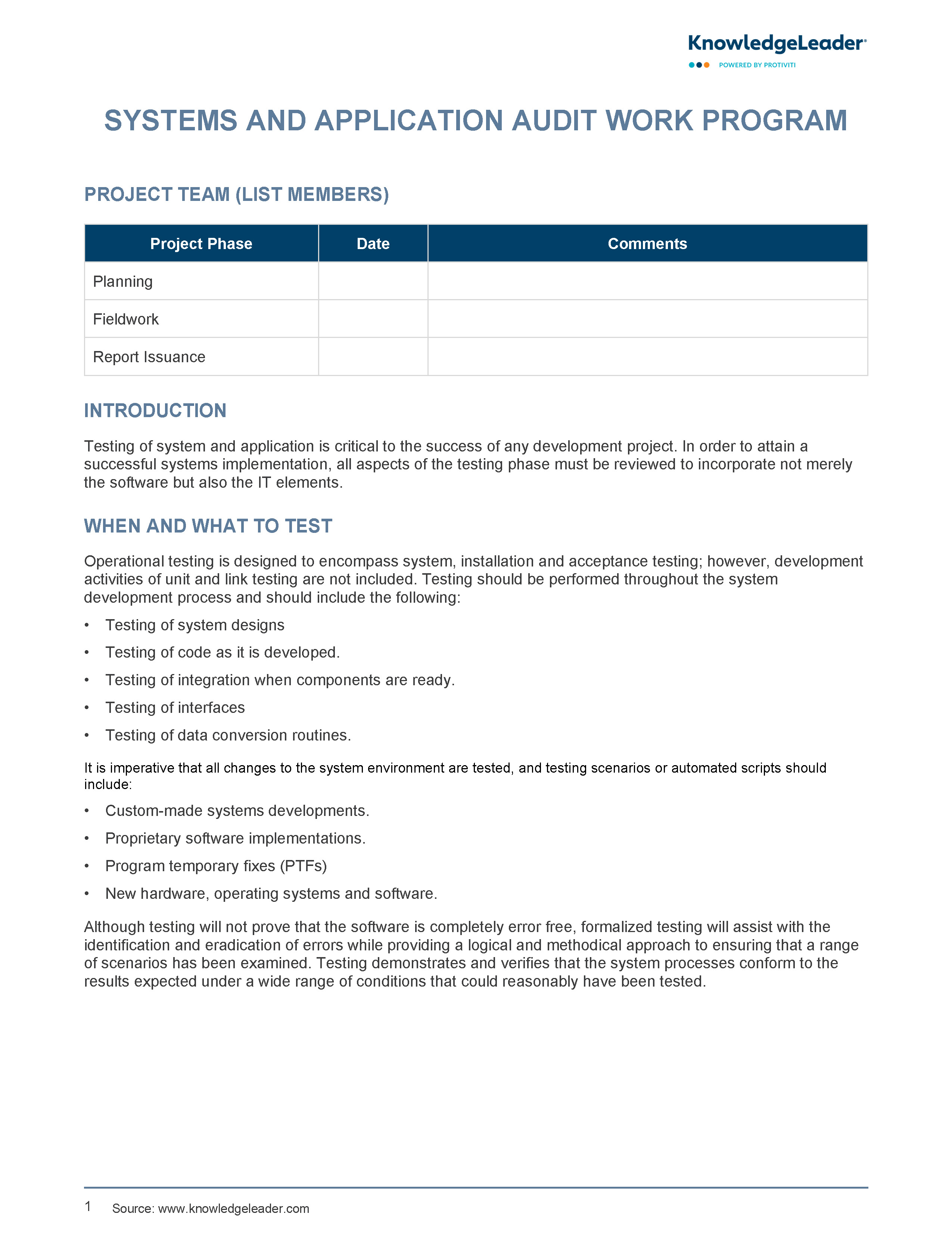 Screenshot of the first page of Systems and Application Audit Work Program