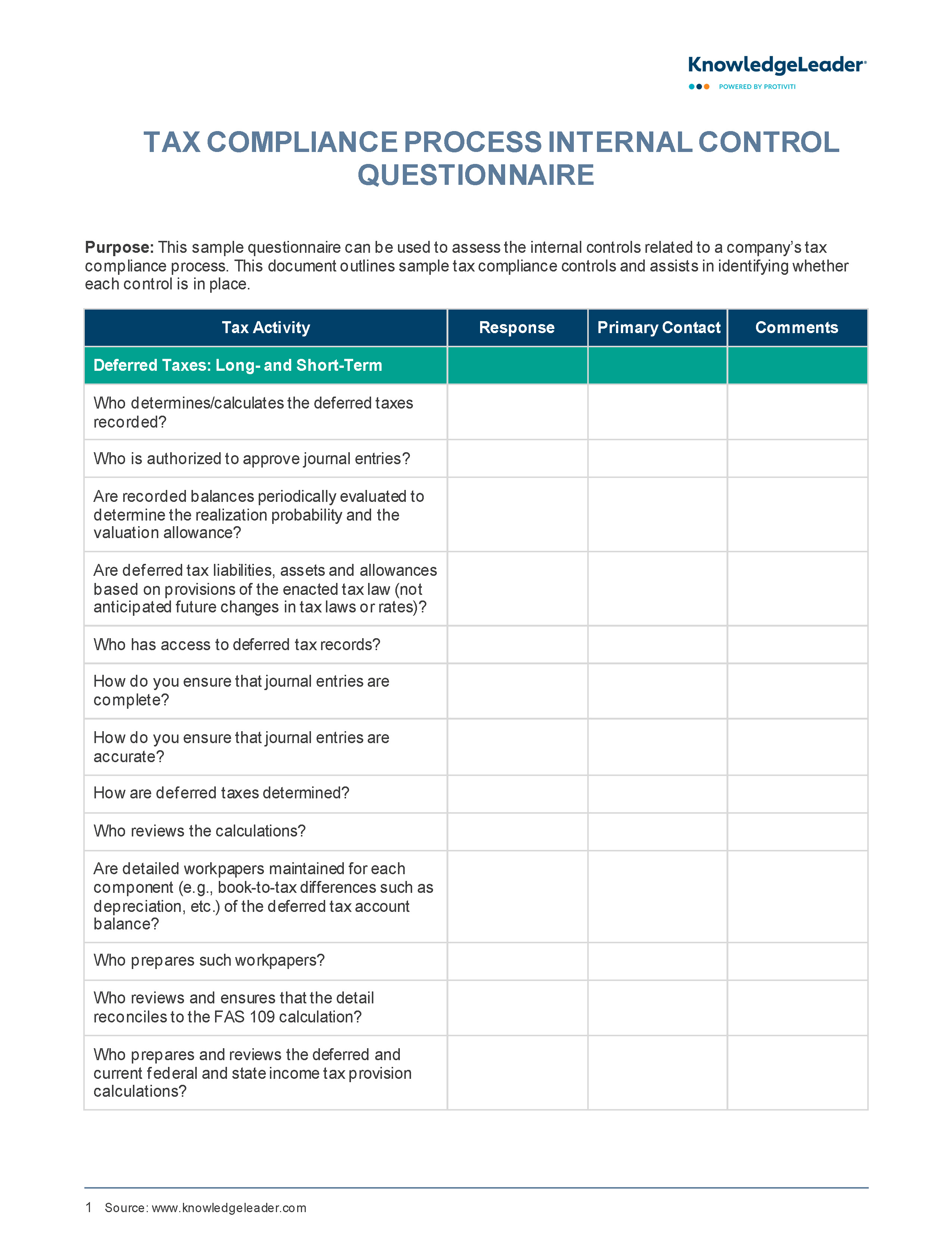 Screenshot of the first page of Tax Compliance Process Internal Control Questionnaire