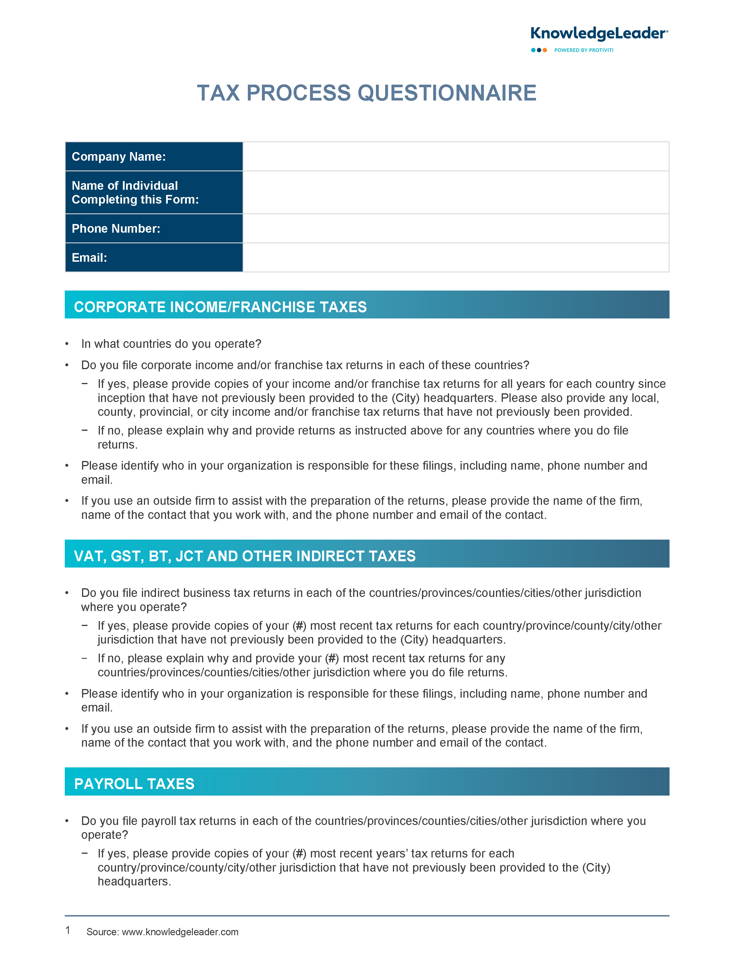 Screenshot of the first page of Tax Process Questionnaire