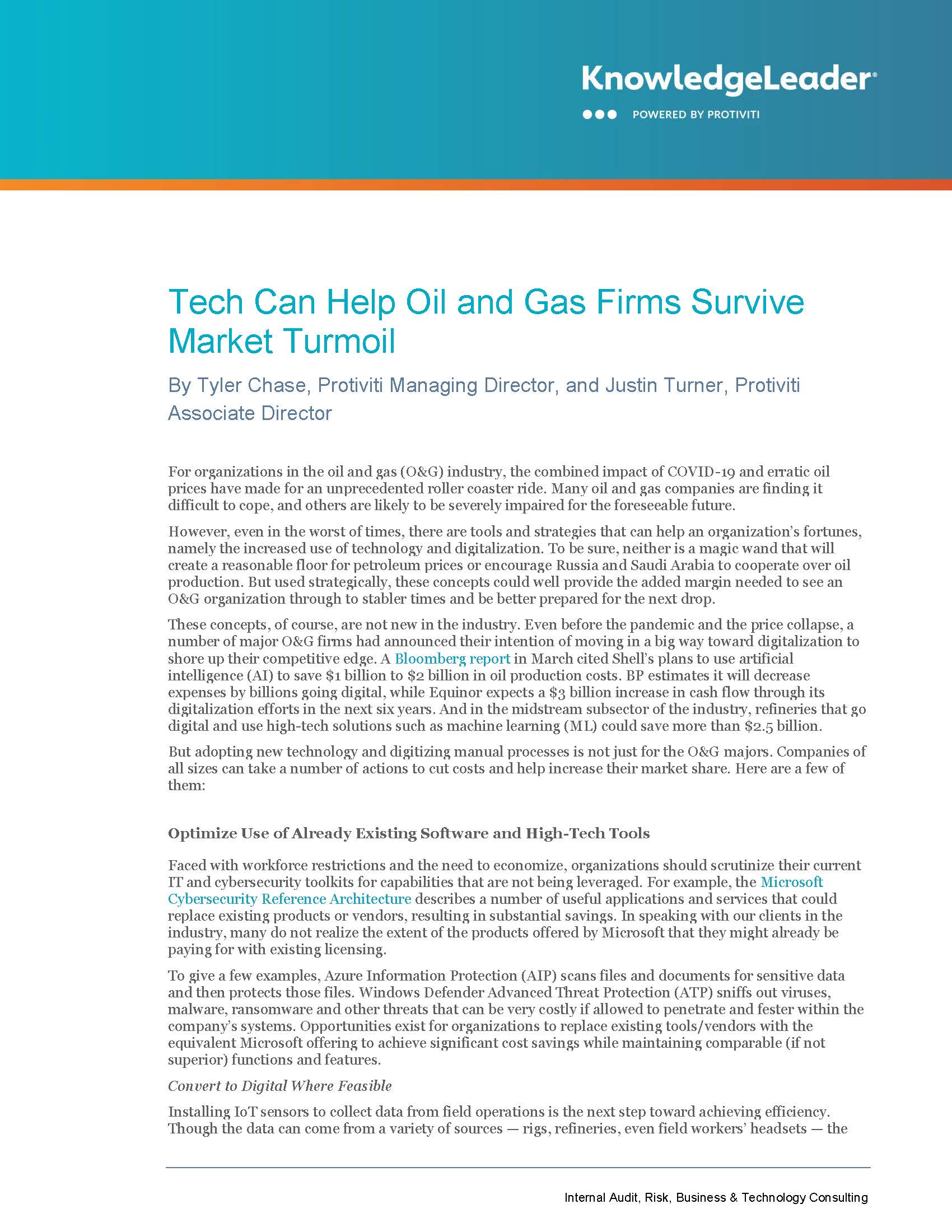 Screenshot of the first page of Tech Can Help Oil and Gas Firms Survive Market Turmoil