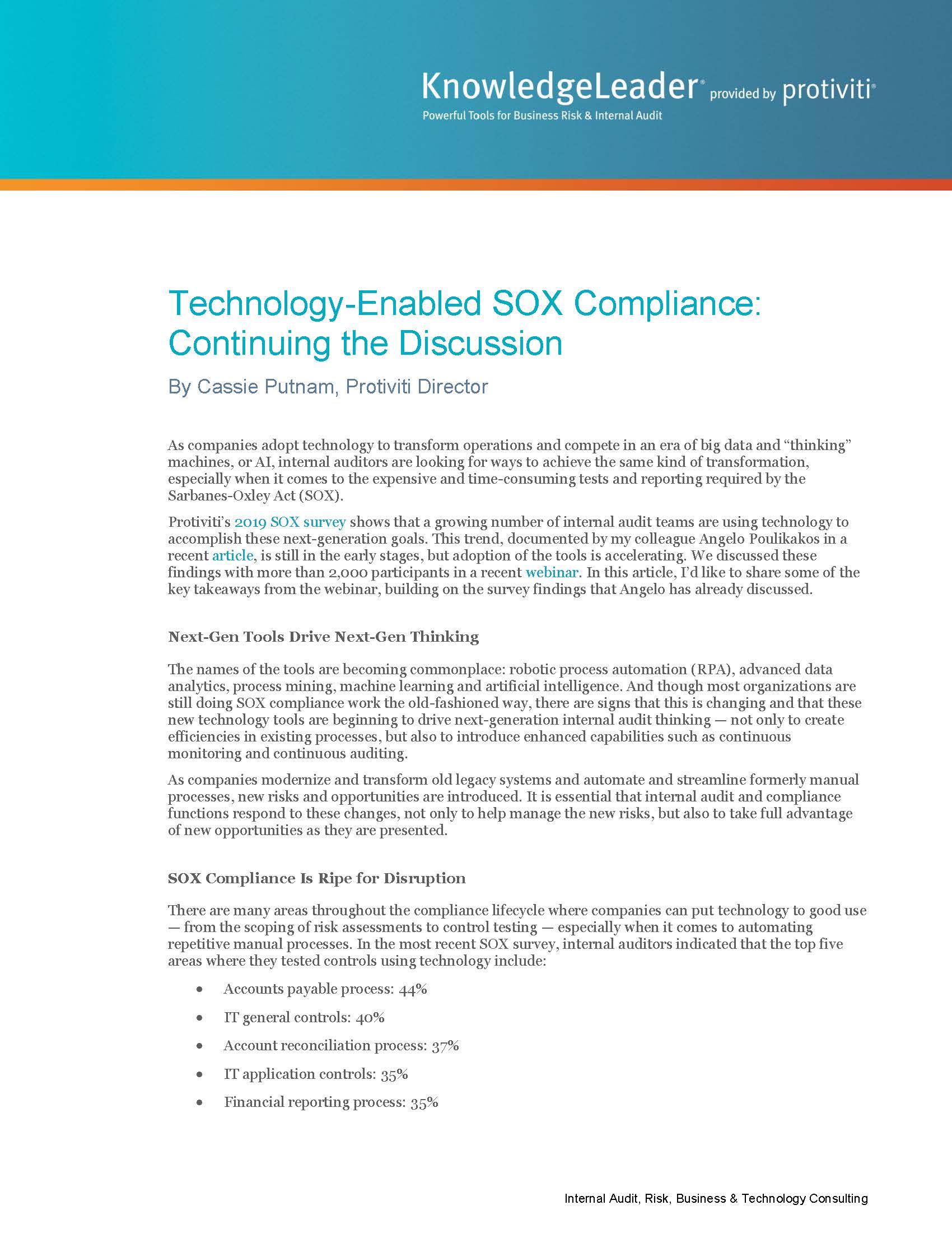 Screenshot of the first page of Technology-Enabled SOX Compliance Continuing the Discussion
