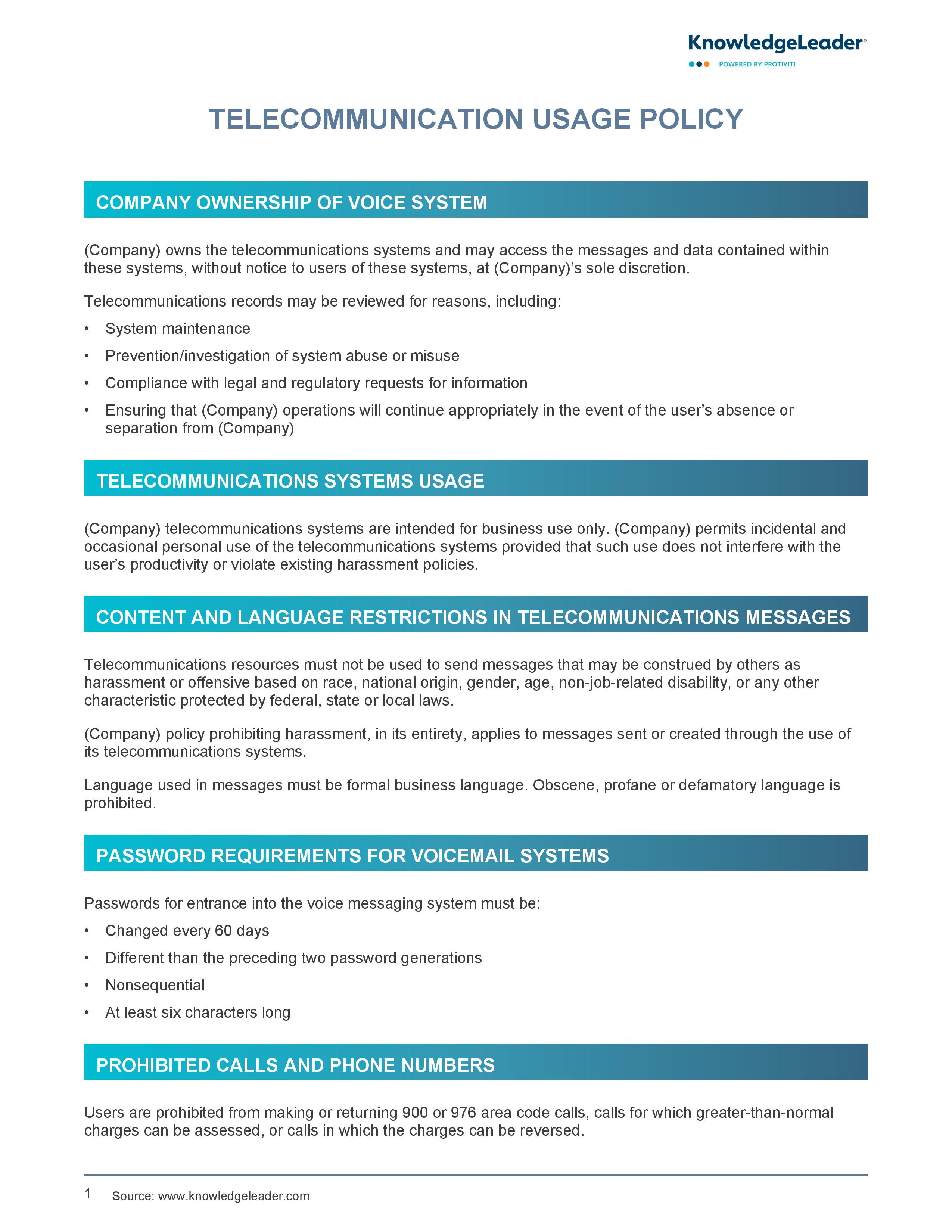 Screenshot of the first page of Telecommunications Usage Policy-page-001