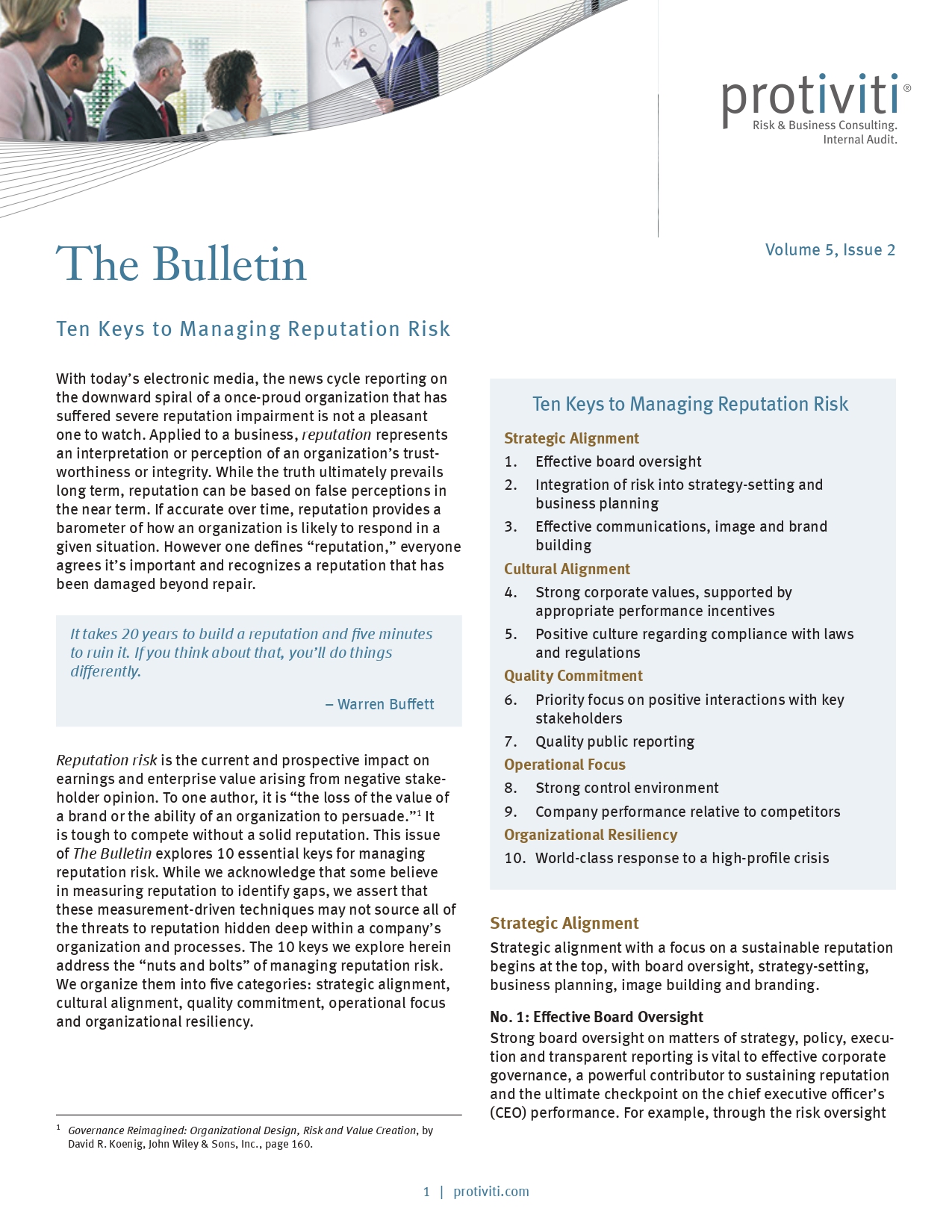 Screenshot of the first page of Ten Keys to Managing Reputation Risk