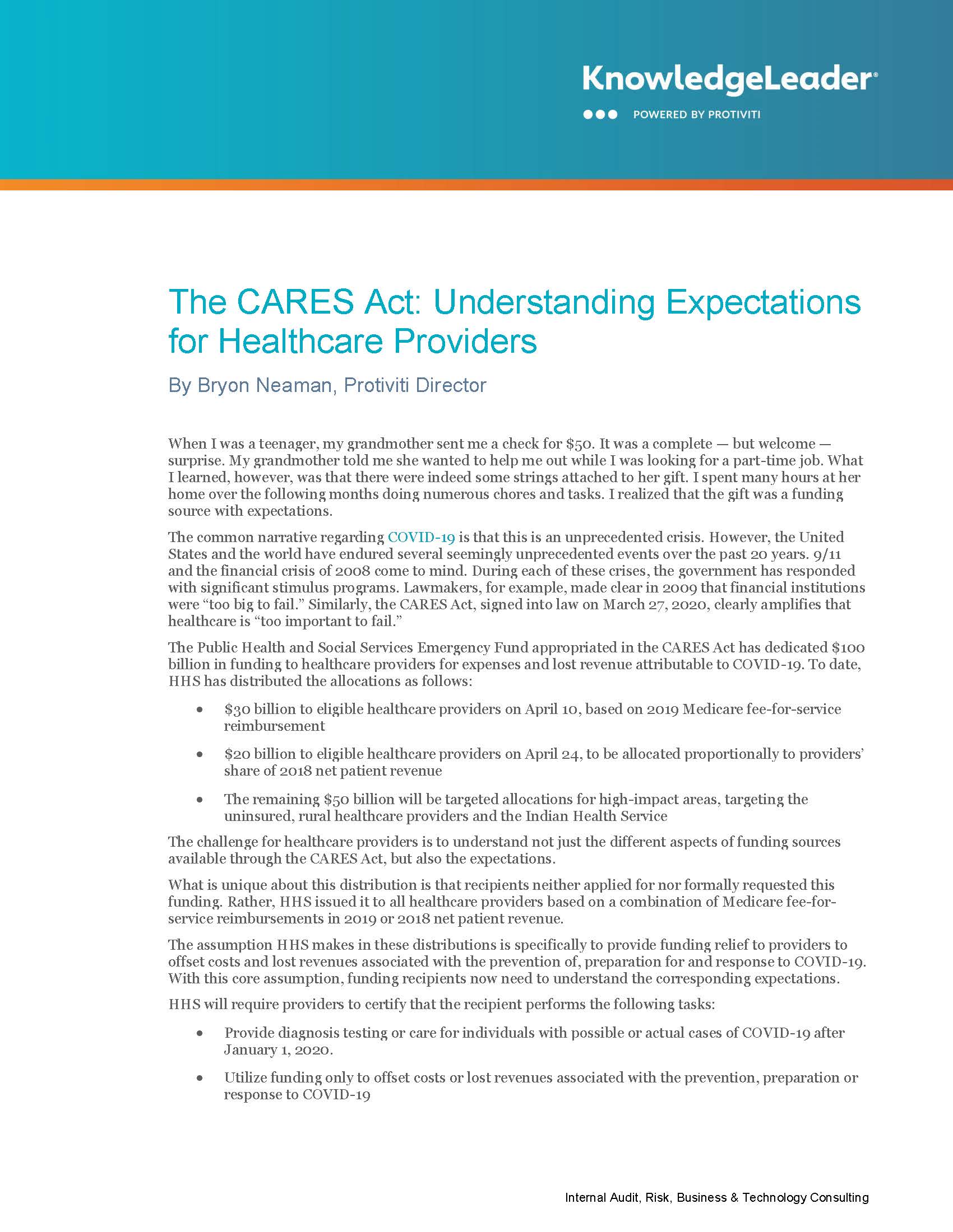 Screenshot of first page of The CARES Act: Understanding Expectations for Healthcare Providers