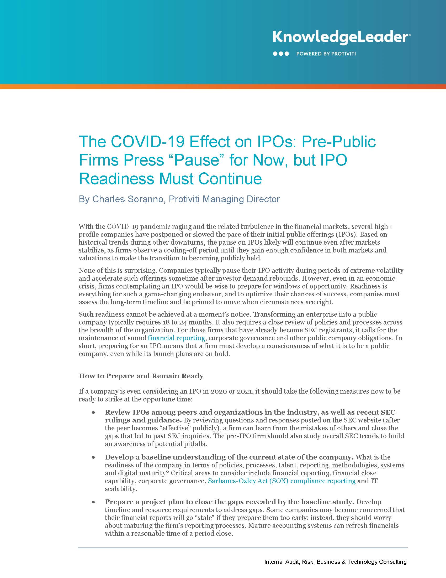 Screenshot of first page of The COVID-19 Effect on IPOs: Pre-Public Firms Press ‘‘Pause’’ for Now, but IPO Readiness Must Continue