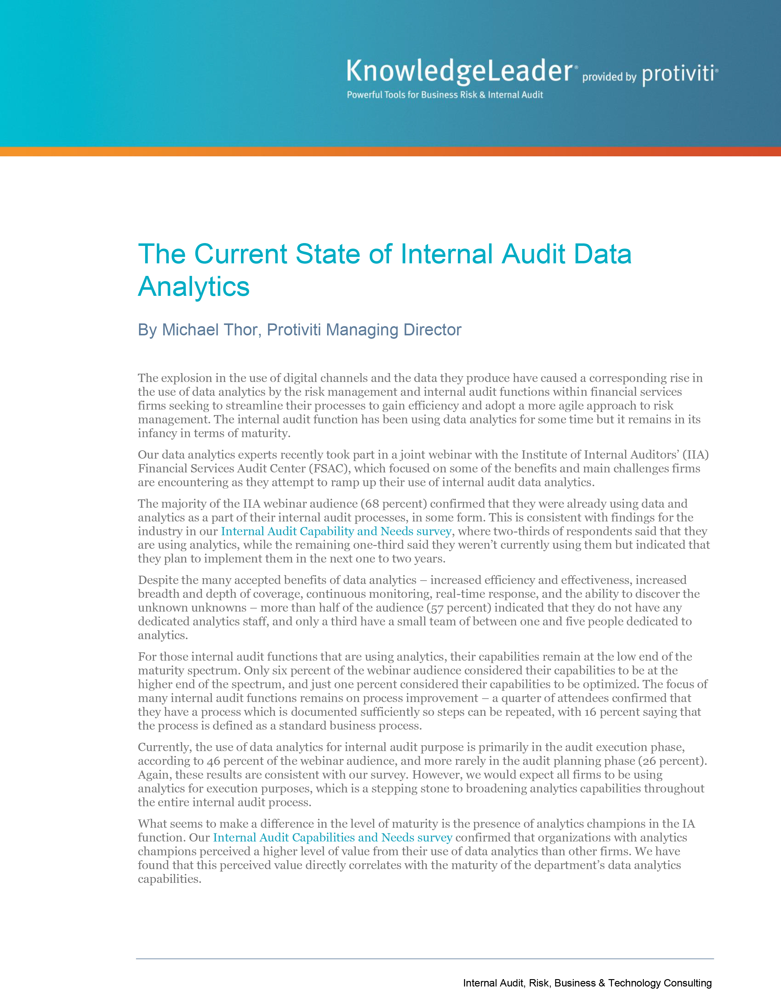Screenshot of the first page of The Current State of Internal Audit Data Analytics