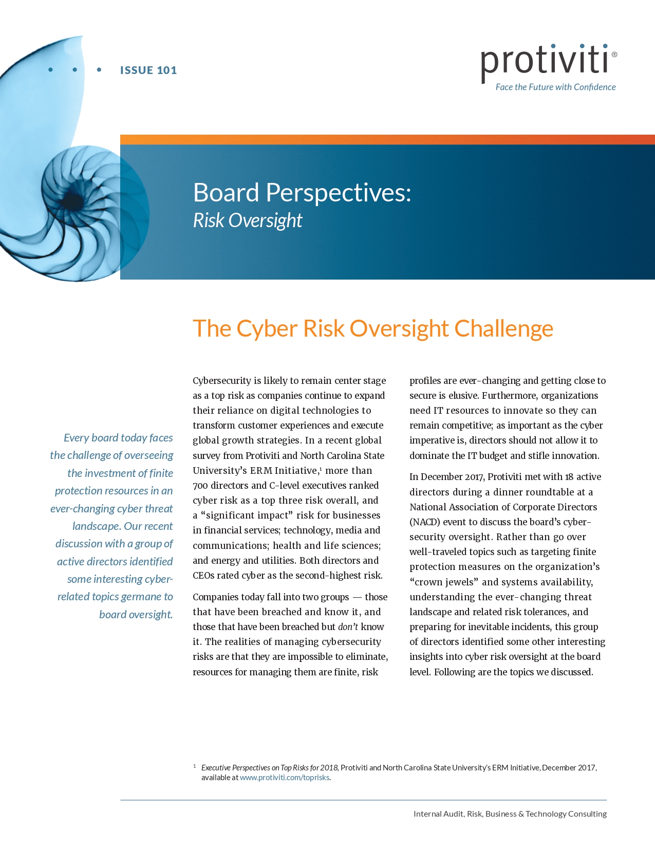 Screenshot of the first page of The Cyber Risk Oversight Challenge - Board Perspectives - Risk Oversight, Issue 101