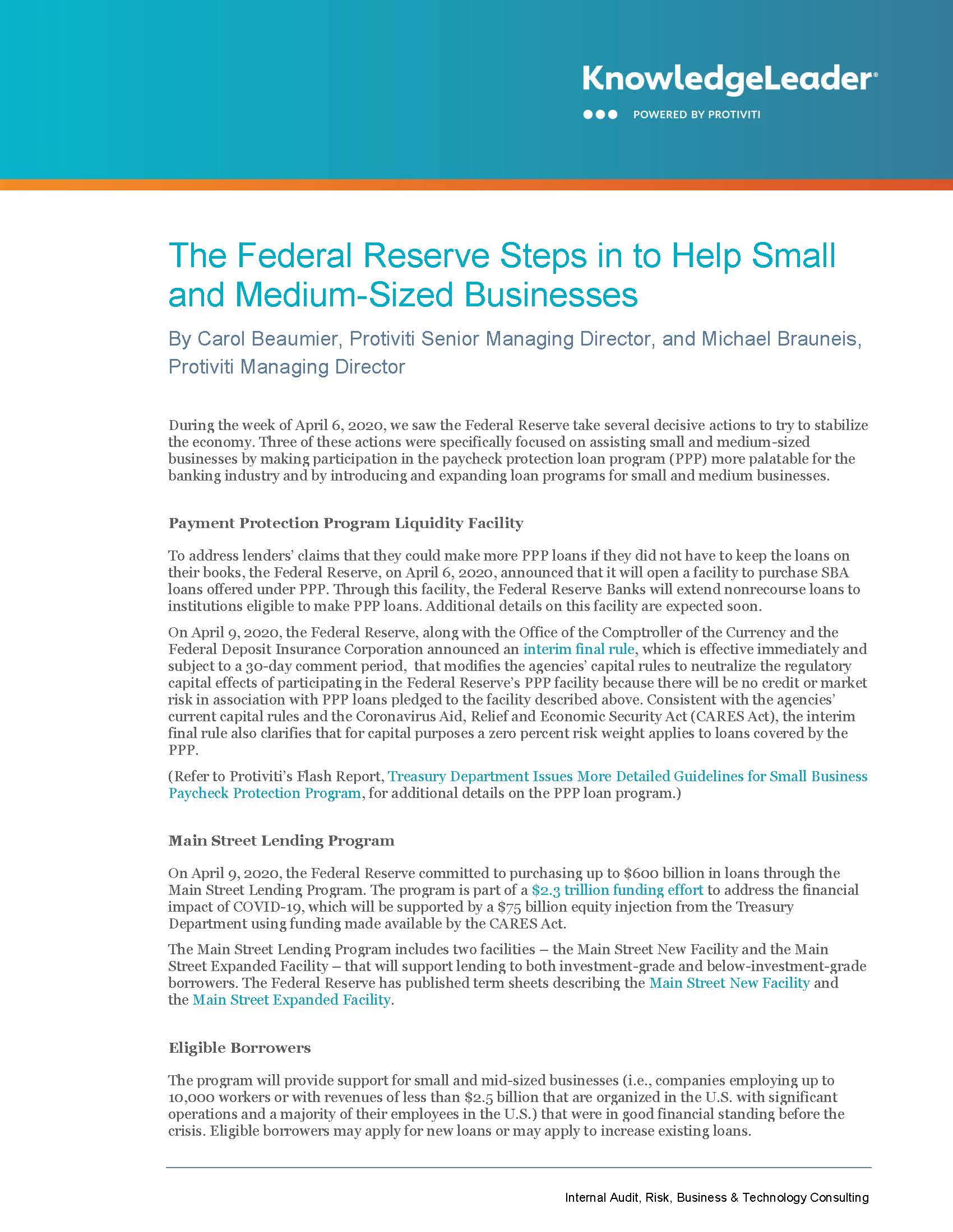 Screenshot of first page of The Federal Reserve Steps in to Help Small and Medium-Sized Businesses