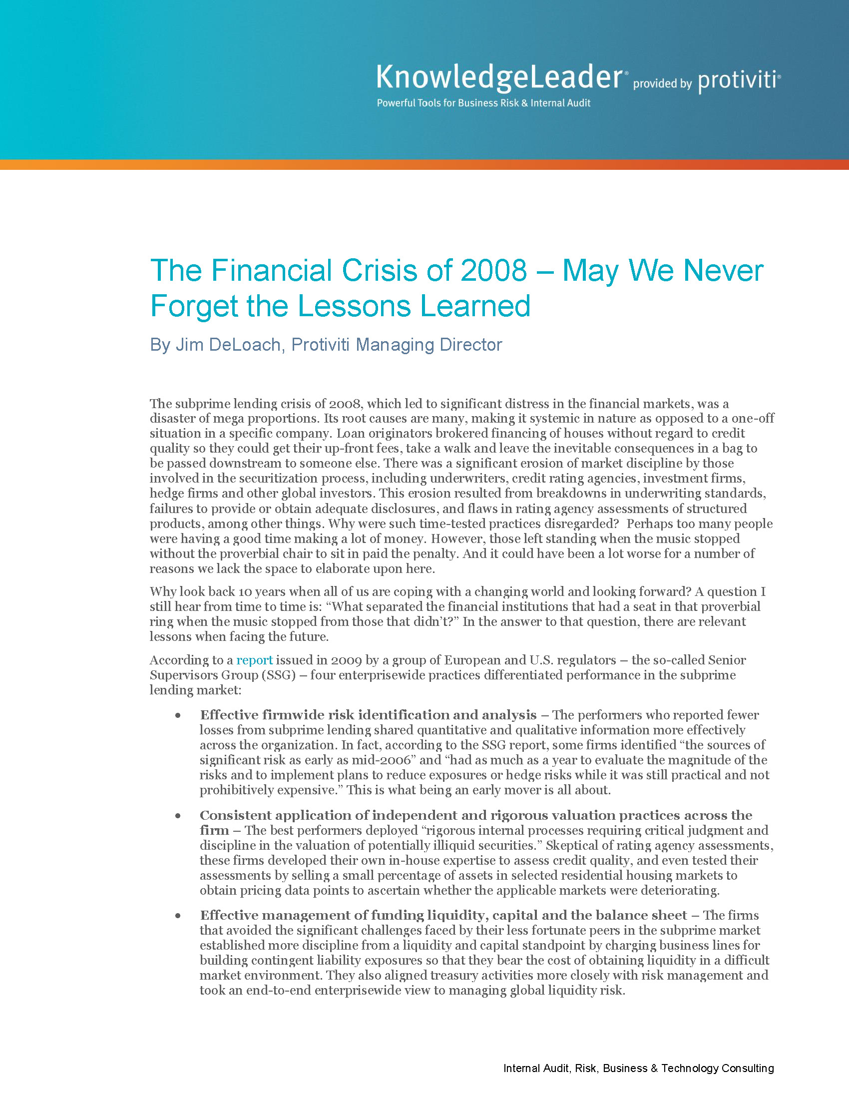 Screenshot of the first page of The Financial Crisis of 2008 – May We Never Forget the Lessons Learned