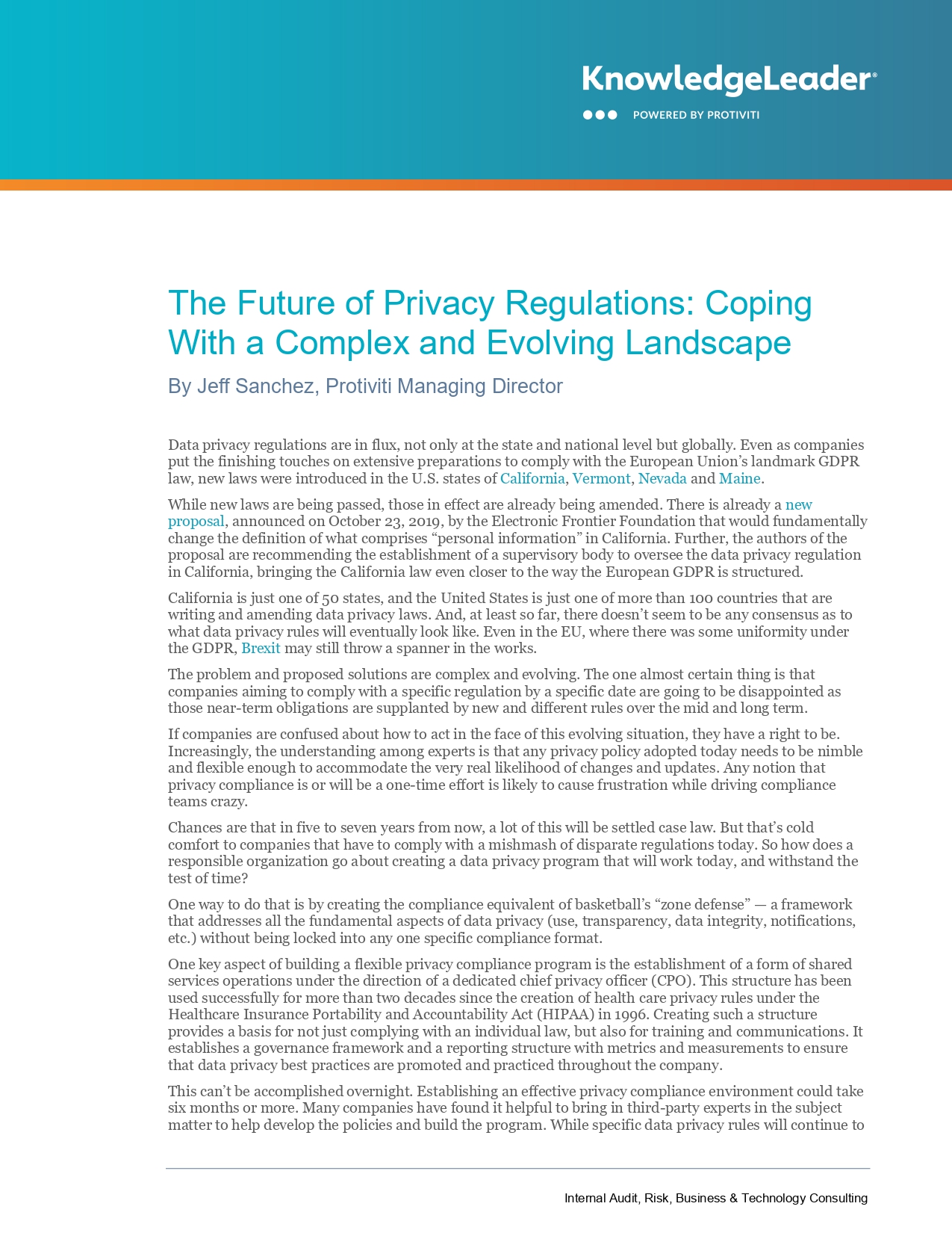 Screenshot of the first page of The Future of Privacy Regulations: Coping With a Complex and Evolving Landscape