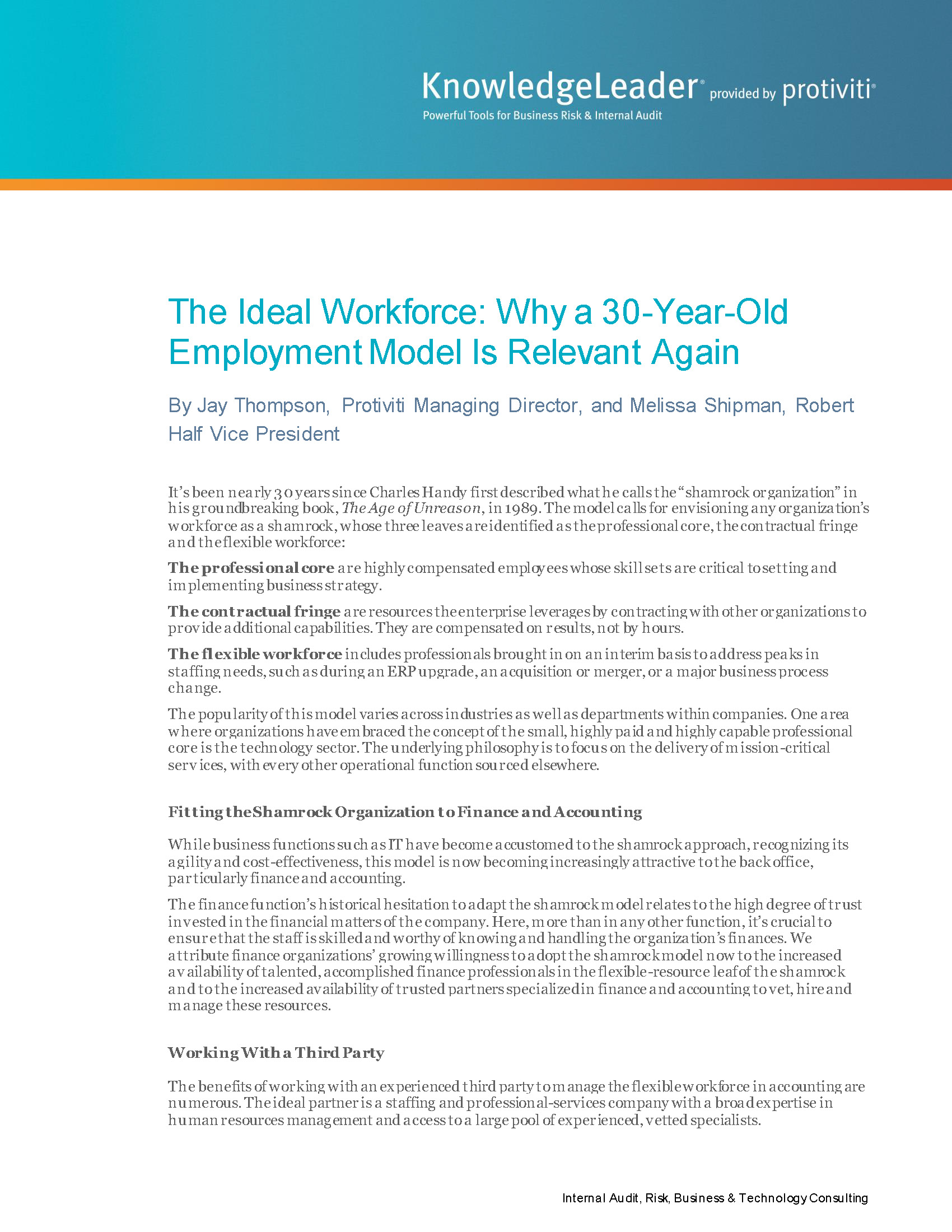 Screenshot of the first page of The Ideal Workforce Why a 30-Year-Old Employment Model Is Relevant Again