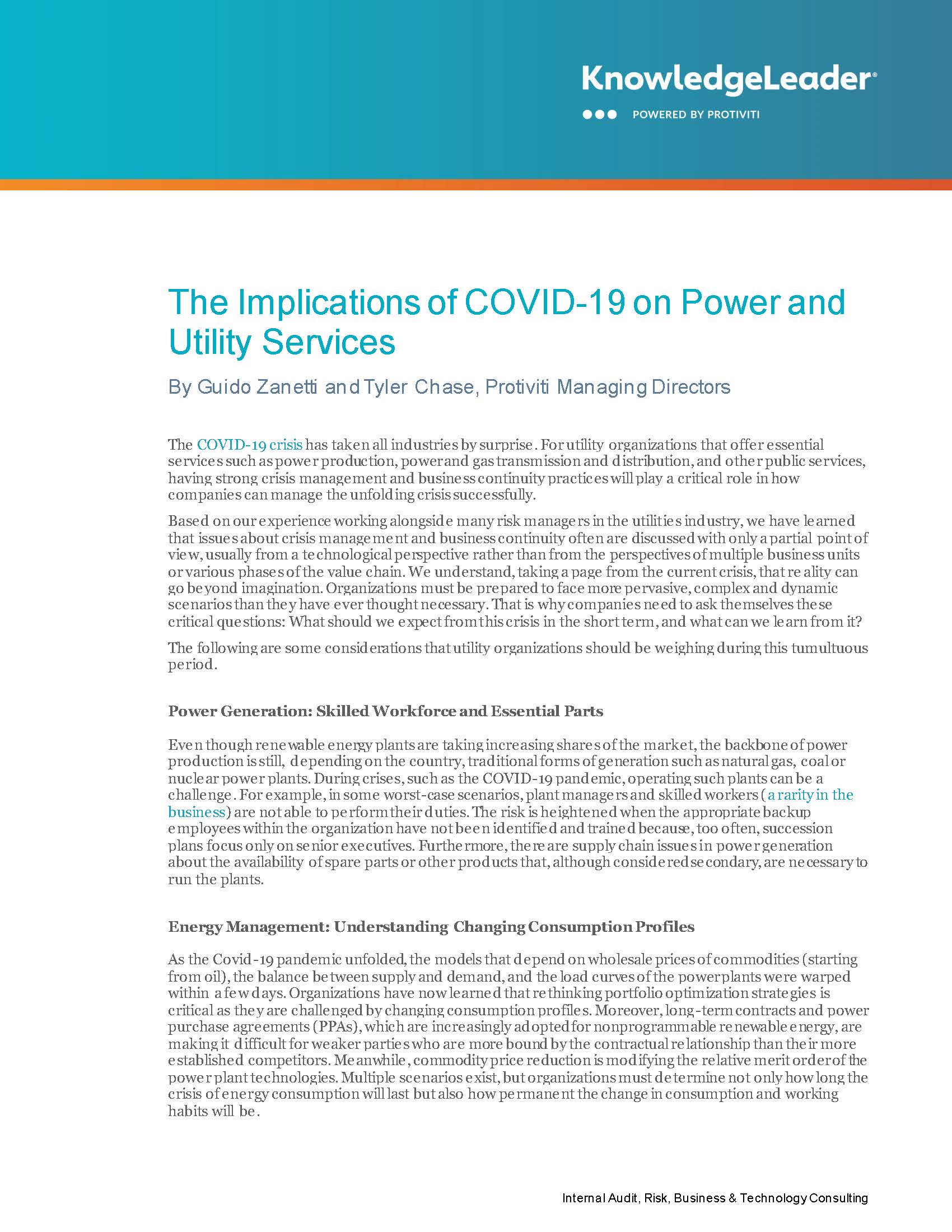 The Implications of COVID-19 on Power and Utility Services