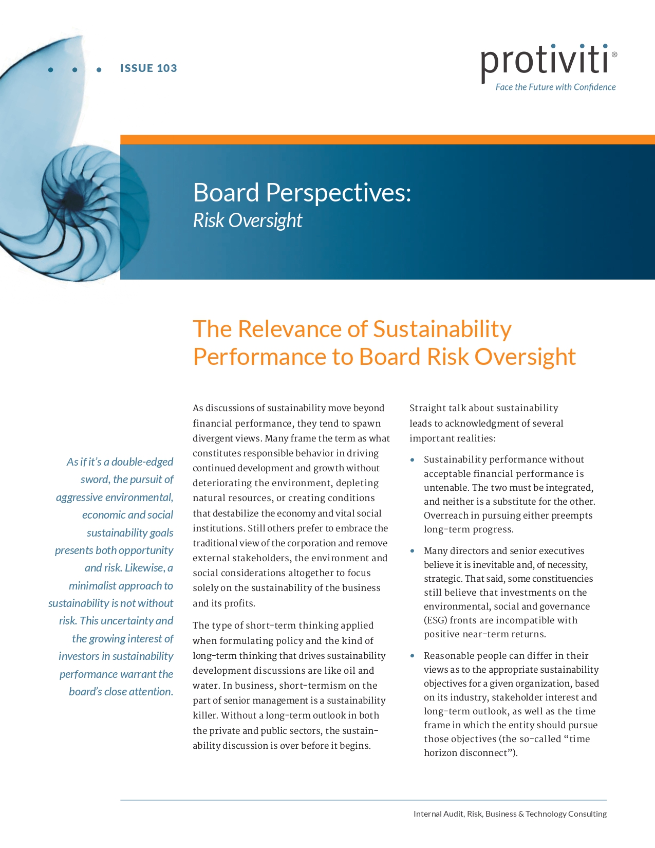 Screenshot of the first page of The Relevance of Sustainability Performance to Board Risk Oversight - Board Perspectives - Risk Oversight, Issue 103