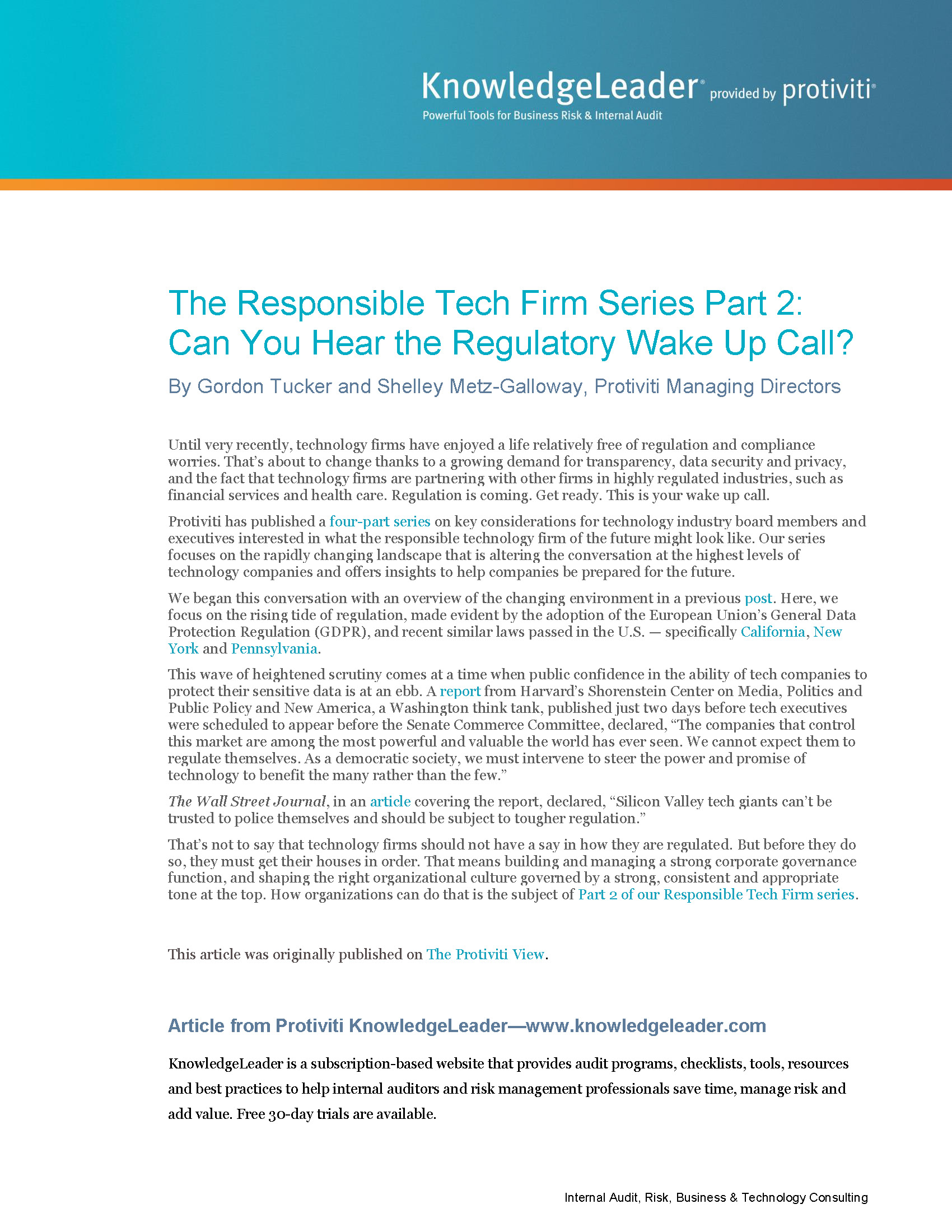 Screenshot of the first page of The Responsible Tech Firm Series Part 2 Can You Hear the Regulatory Wake Up Call