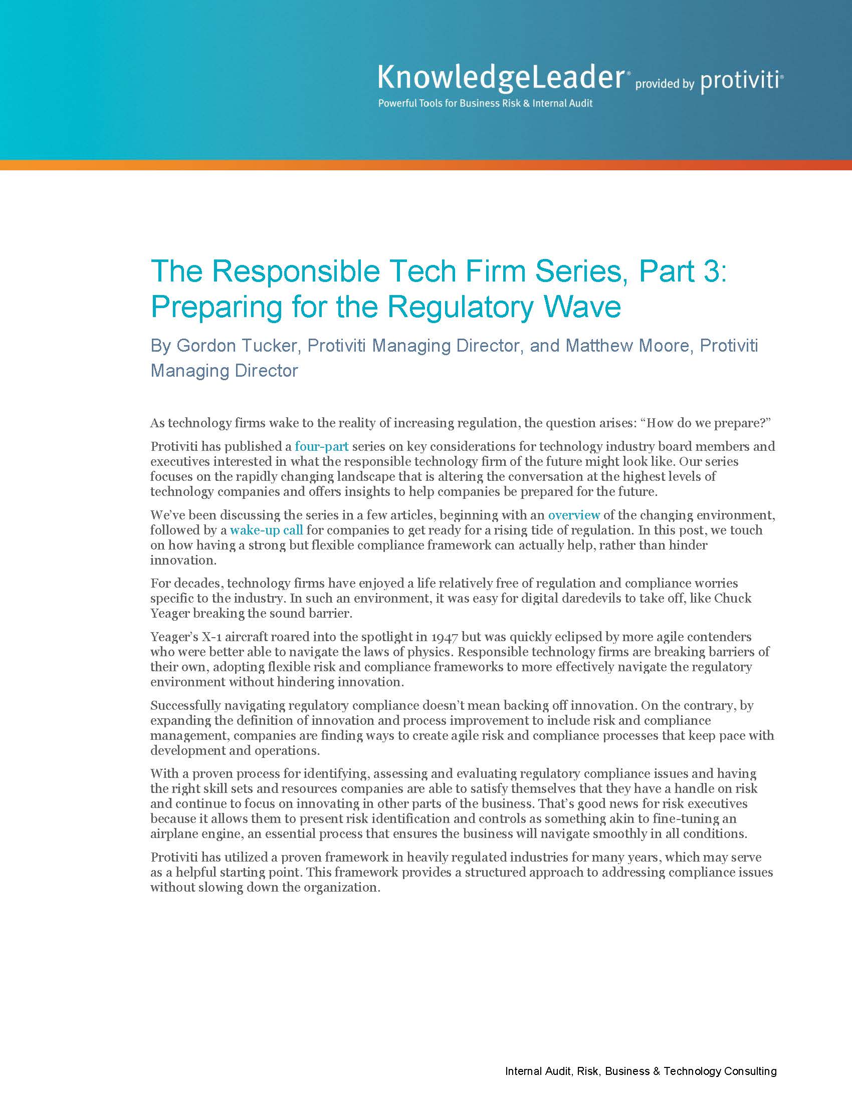 Screenshot of the first page of The Responsible Tech Firm Series, Part 3 Preparing for the Regulatory Wave