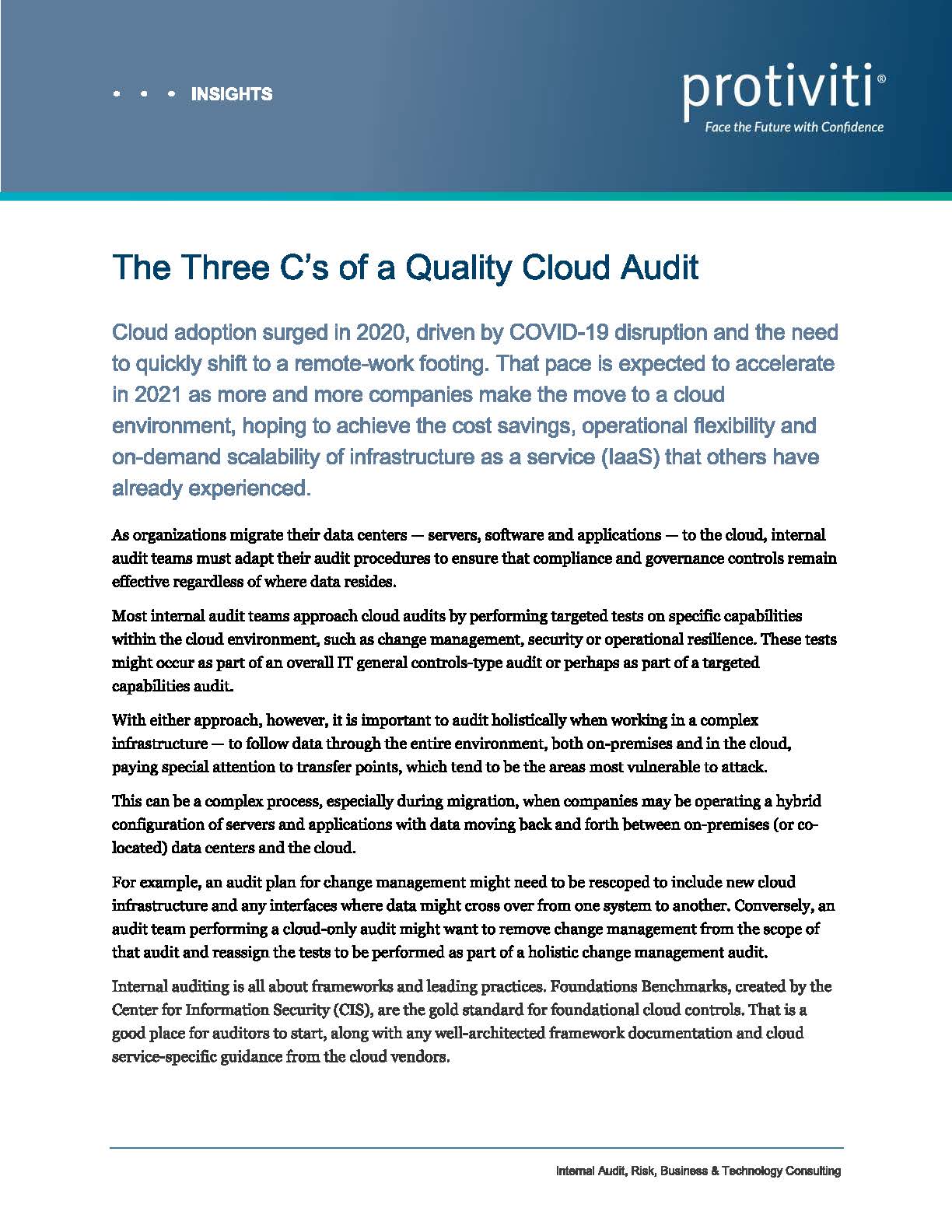 Screenshot of first page of The Three C’s of a Quality Cloud Audit