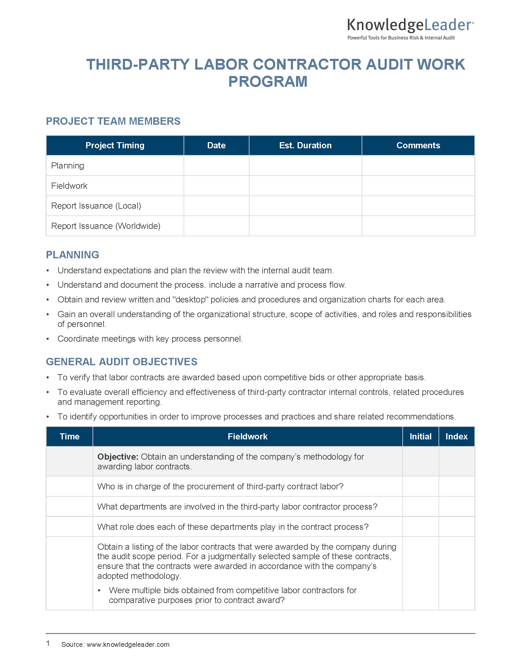Screenshot of the first page of Third-Party Labor Contractor Audit Work Program