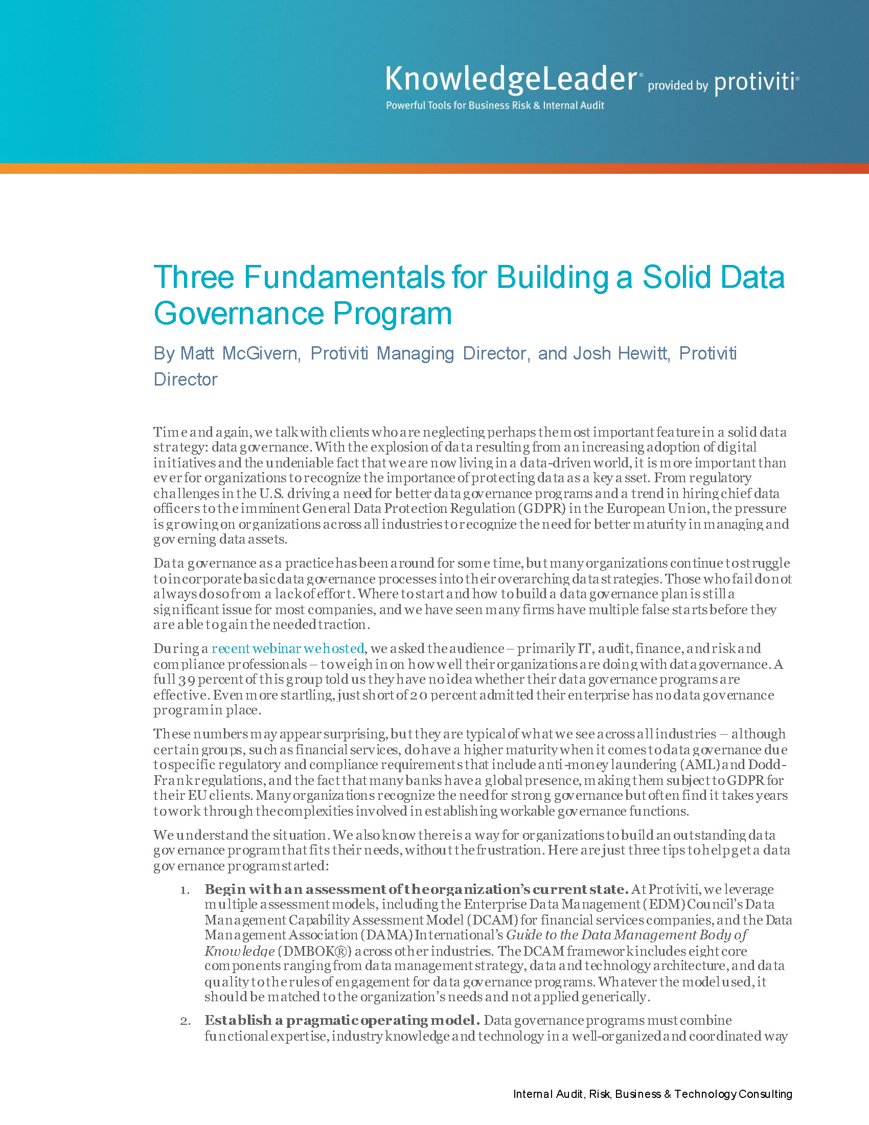 Screenshot of the first page of Three Fundamentals for Building a Solid Data Governance Program