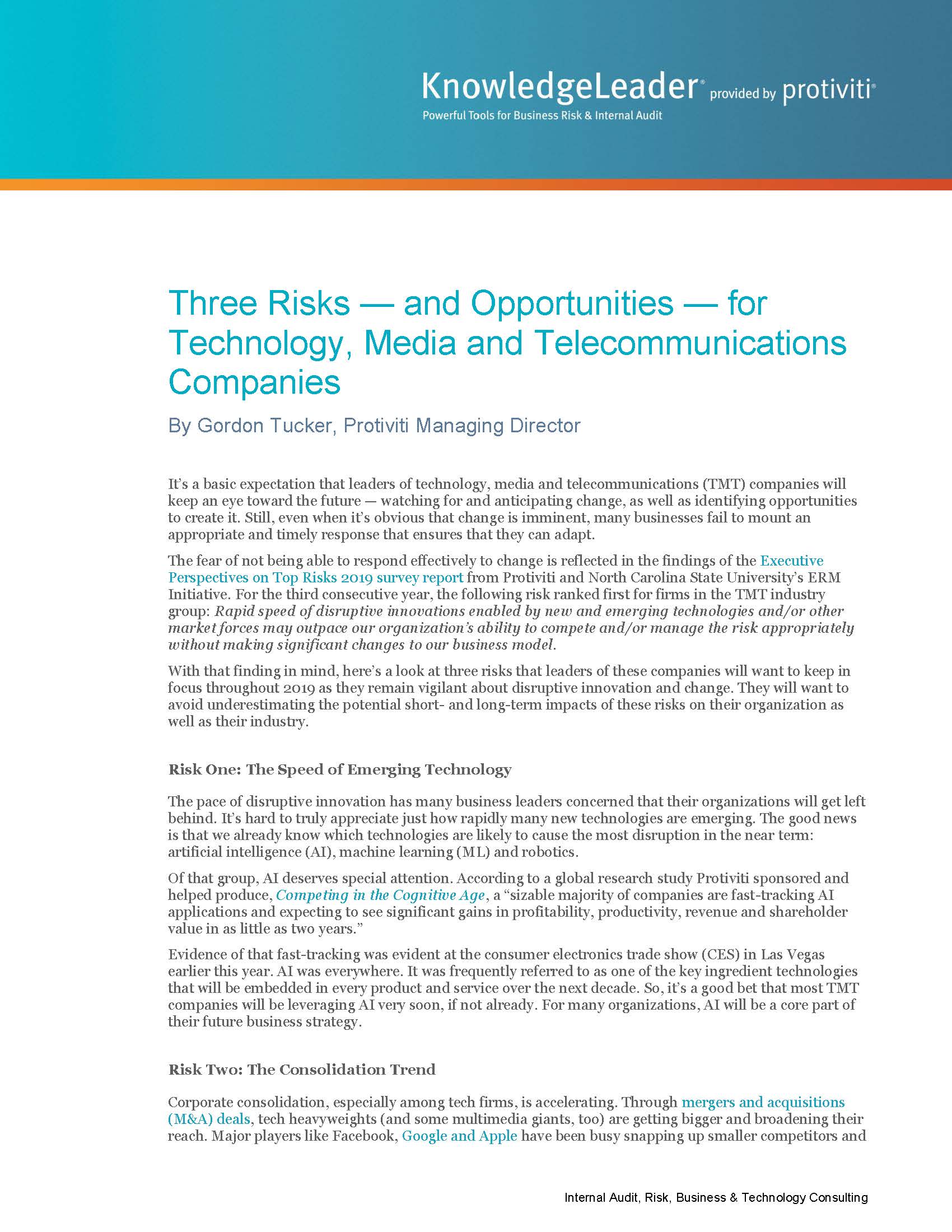 Screenshot of the first page of Three Risks and Opportunities for Technology, Media and Telecommunications Companies