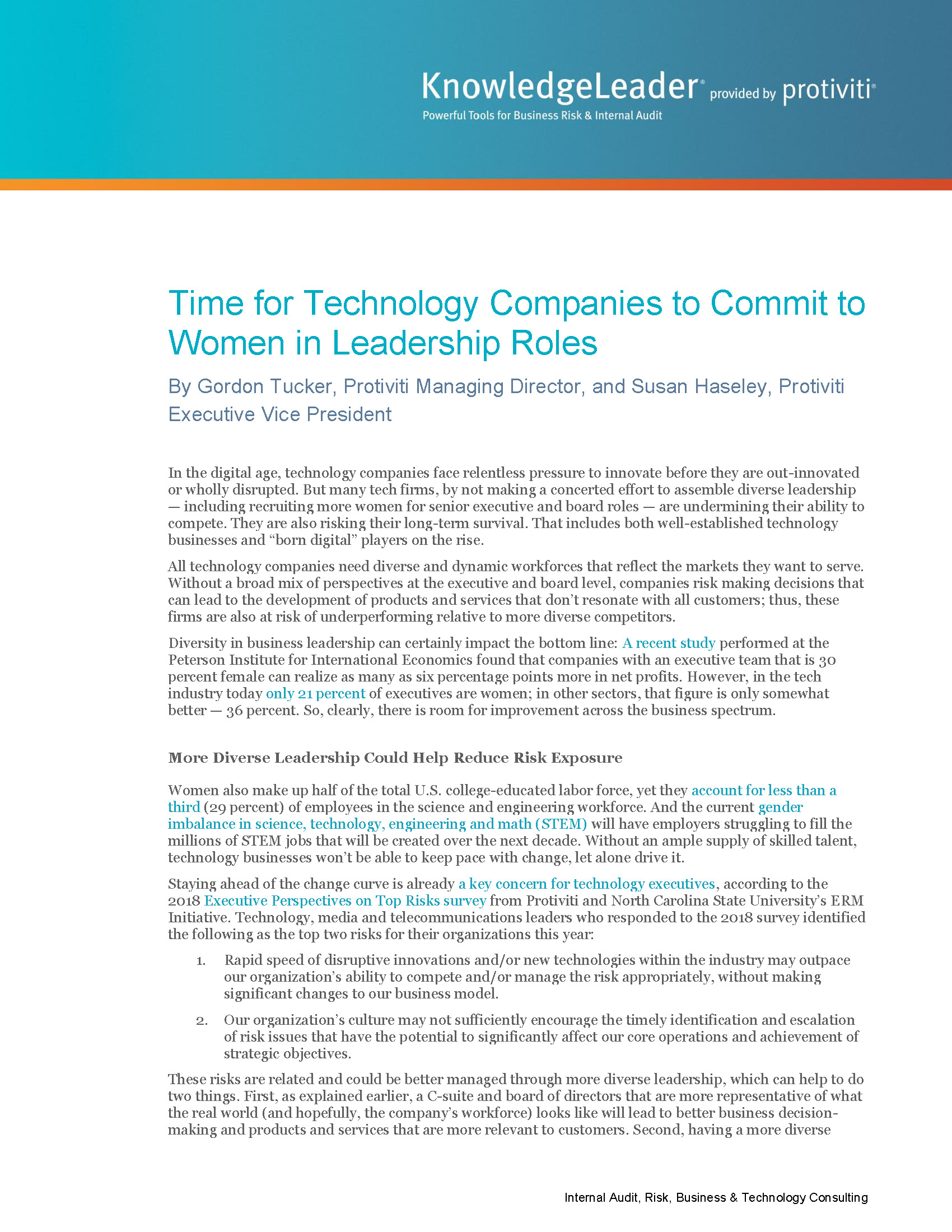 Screenshot of the first page of Time for Technology Companies to Commit to Women in Leadership Roles