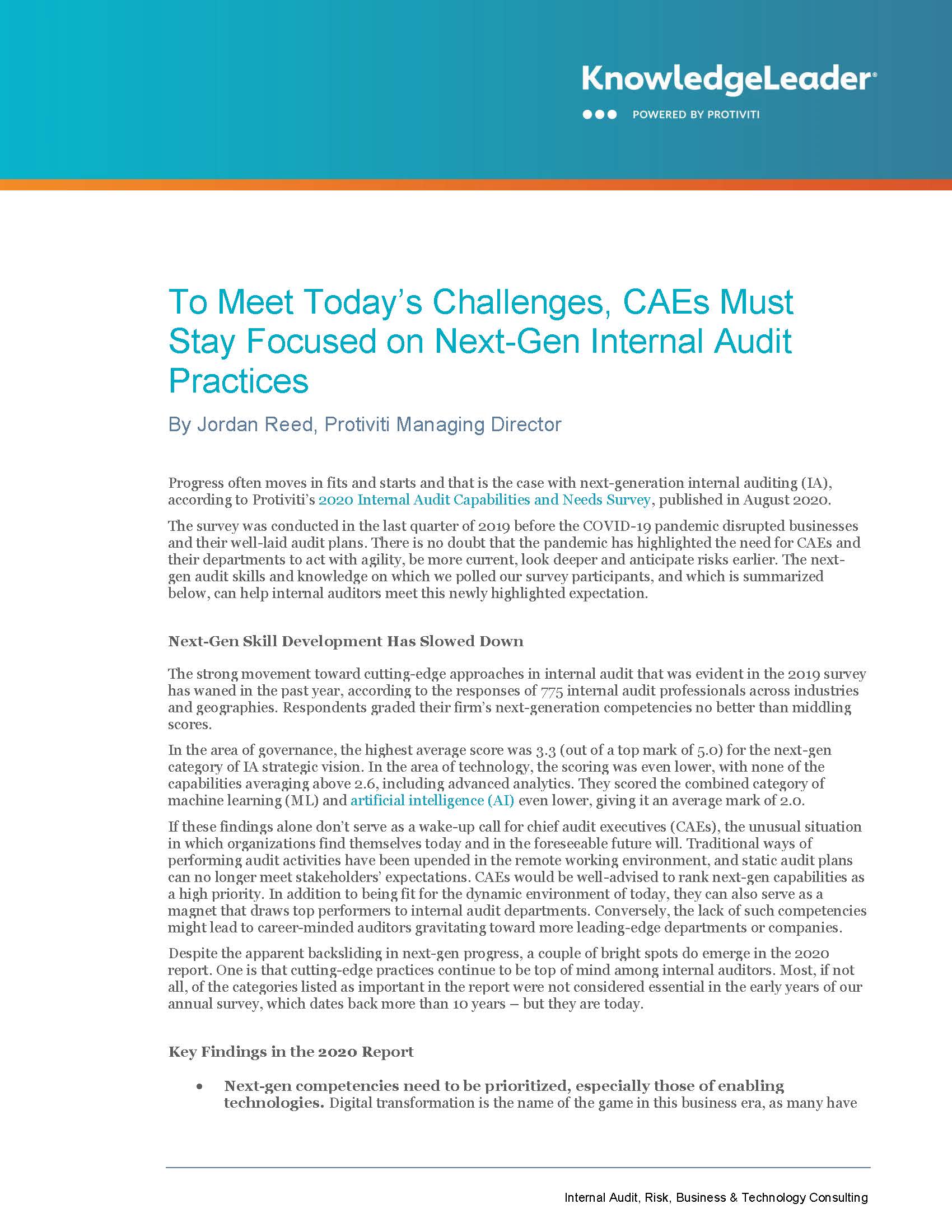 Screenshot of the first page of To Meet Today’s Challenges, CAEs Must Stay Focused on Next-Gen Internal Audit Practices