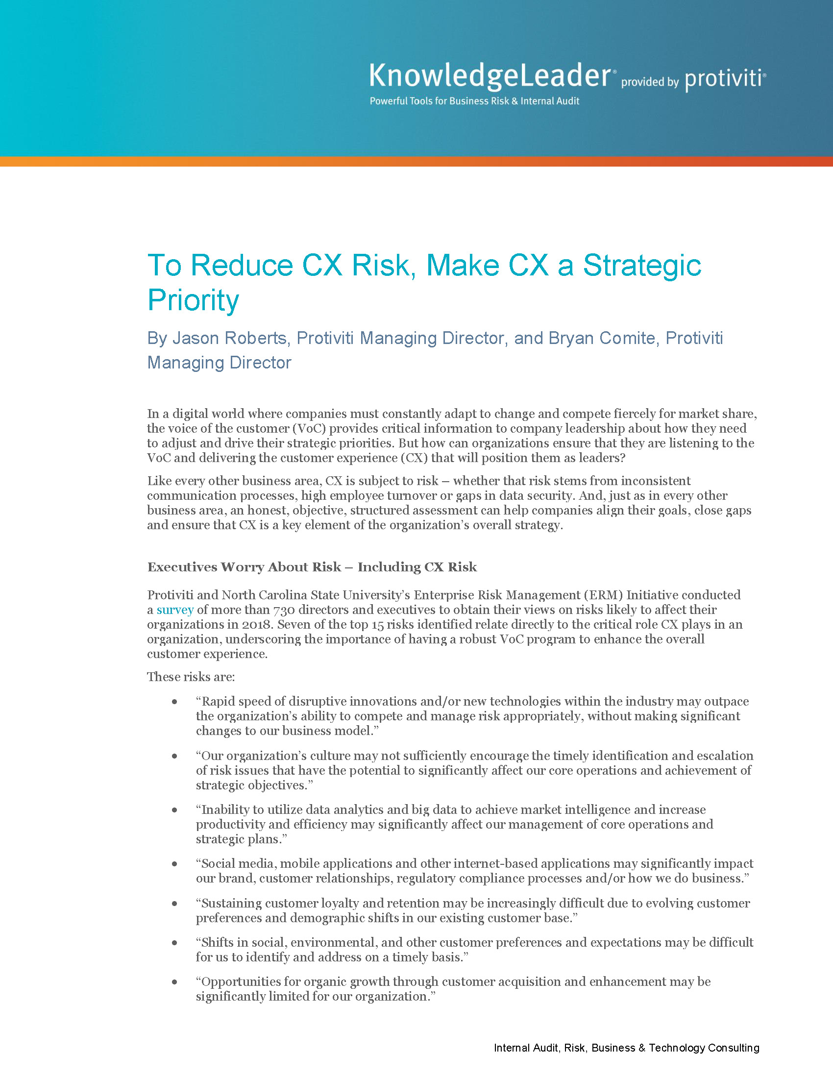 Screenshot of the first page of To Reduce CX Risk, Make CX a Strategic Priority