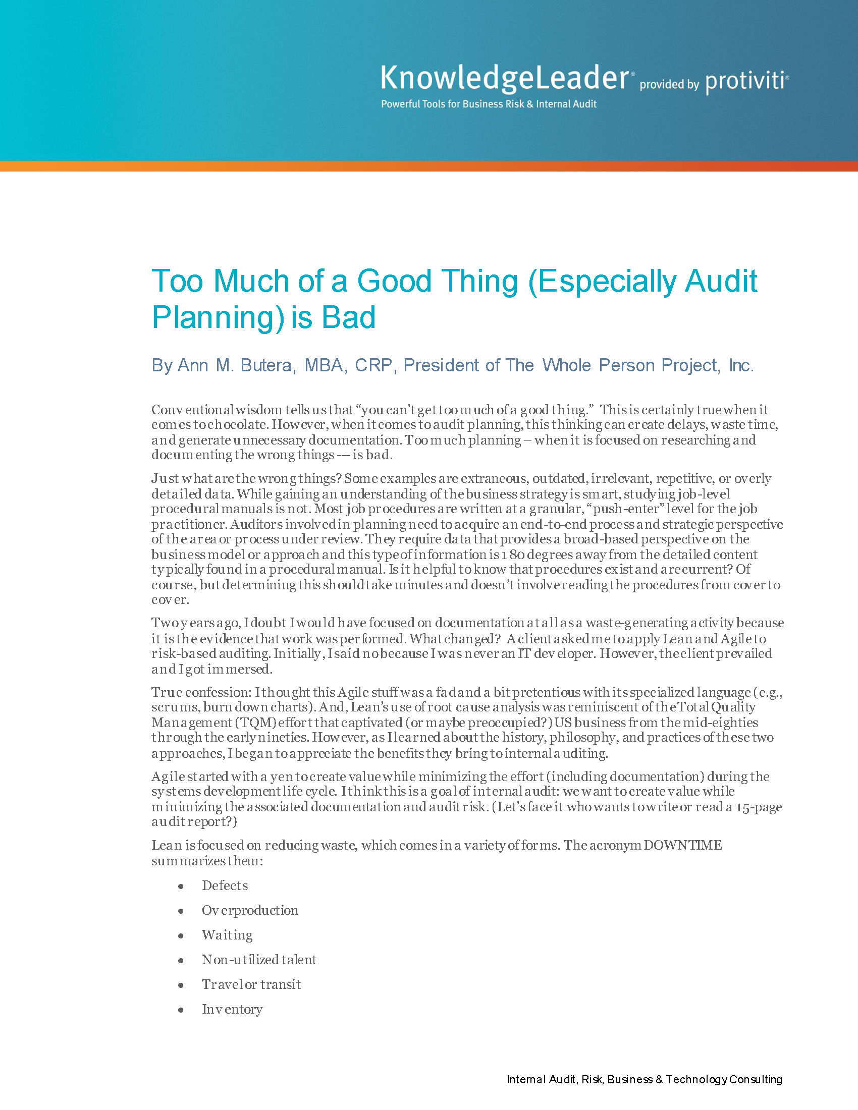 Screenshot of the first page of Too Much of a Good Thing (Especially Audit Planning) is Bad