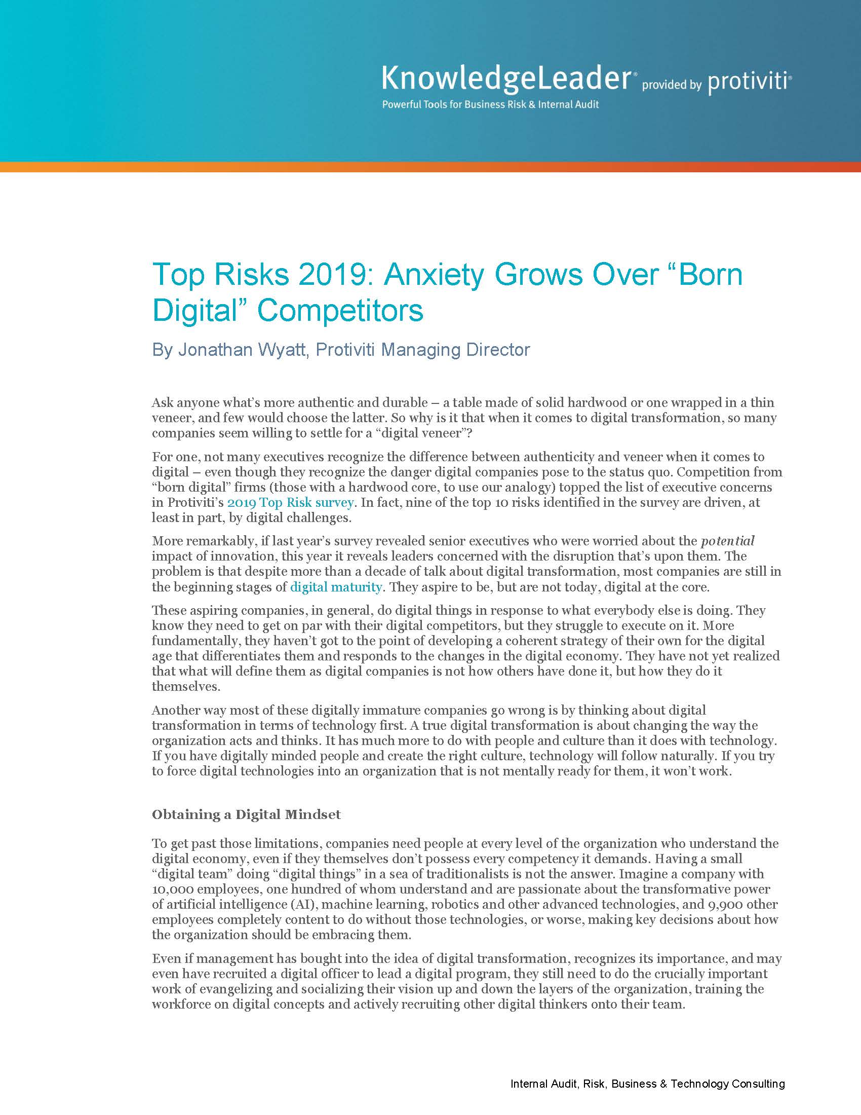 Screenshot of the first page of Top Risks 2019 Anxiety Grows Over ‘‘Born Digital’’ Competitors