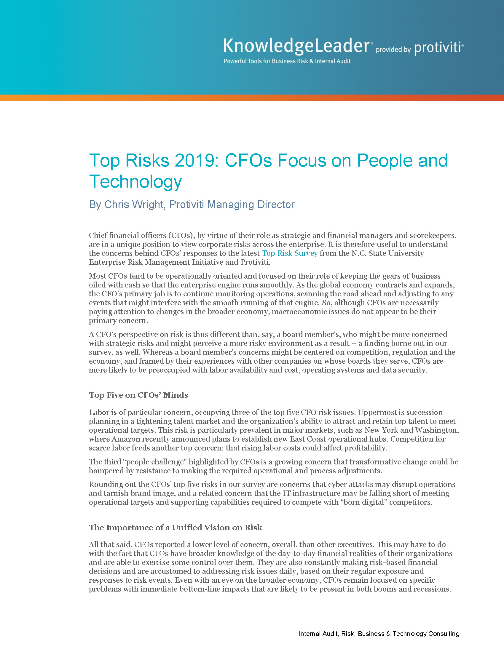 Screenshot of the first page of Top Risks 2019 CFOs Focus on People and Technology
