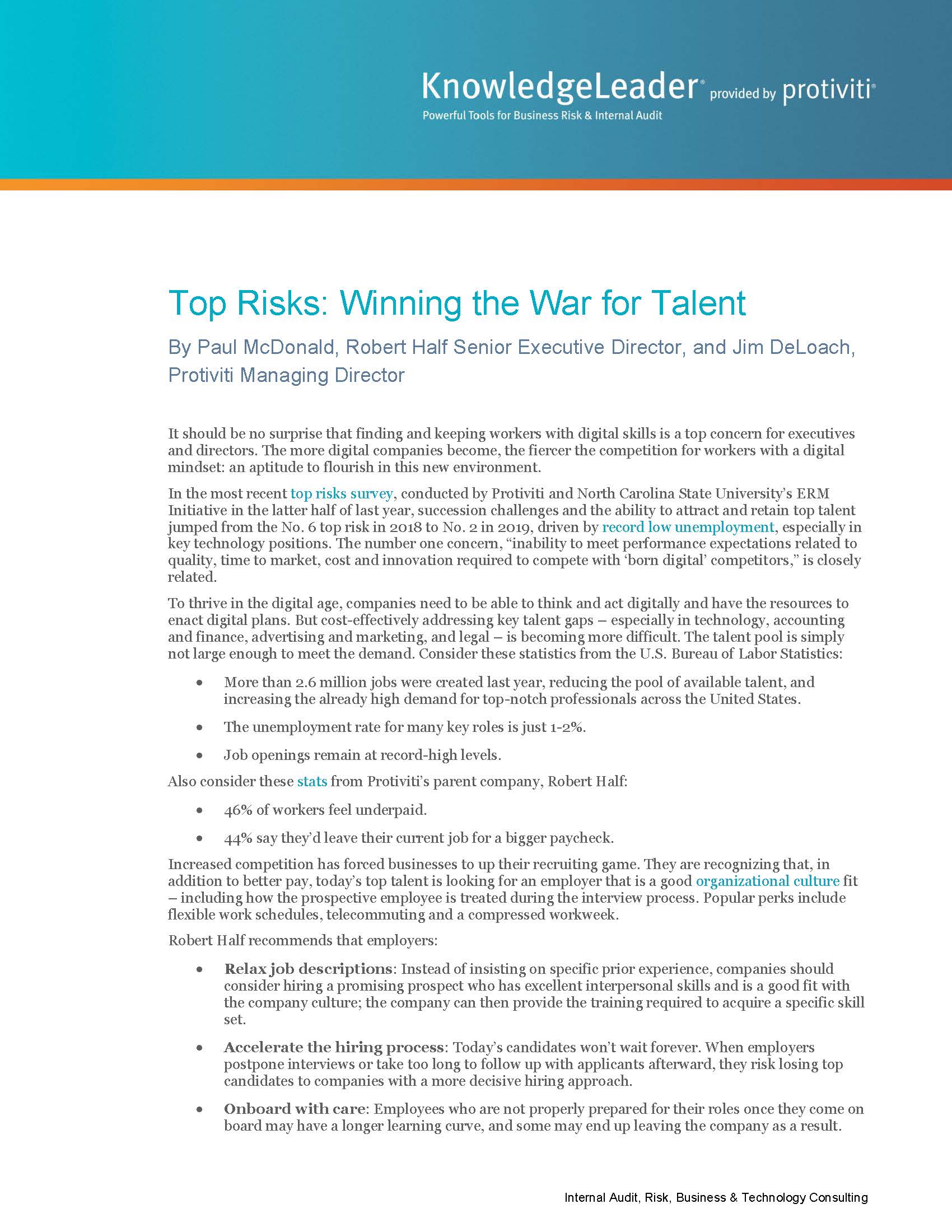 Screenshot of the first page of Top Risks Winning the War for Talent