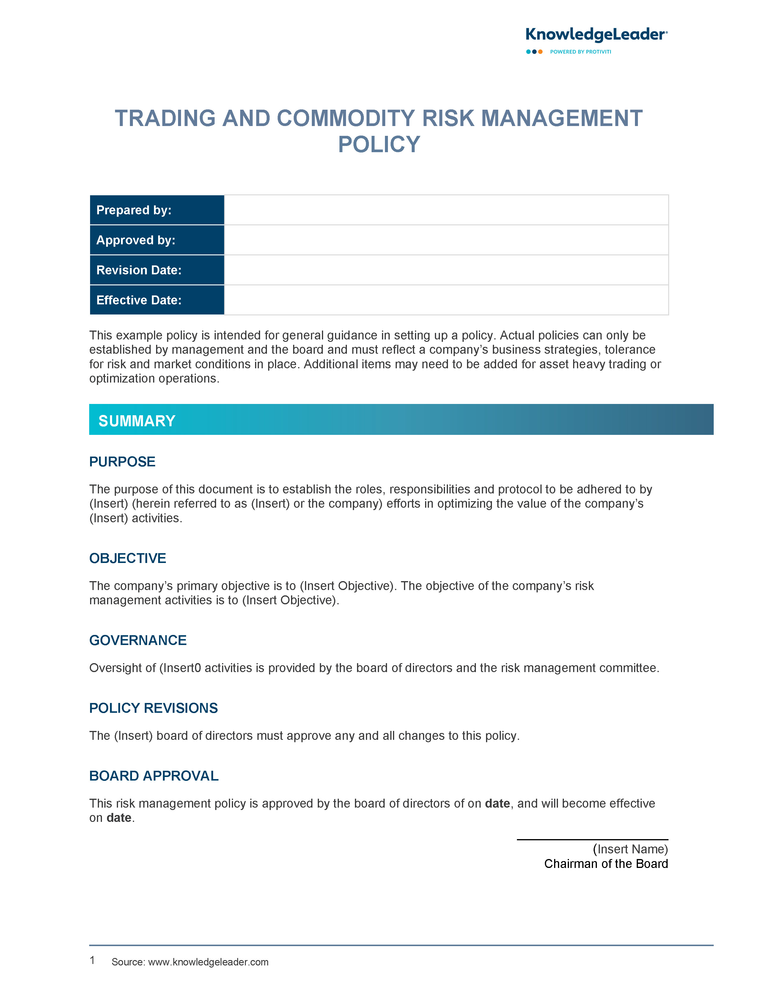 Screenshot of the first page of Trading and Commodity Risk Management Policy