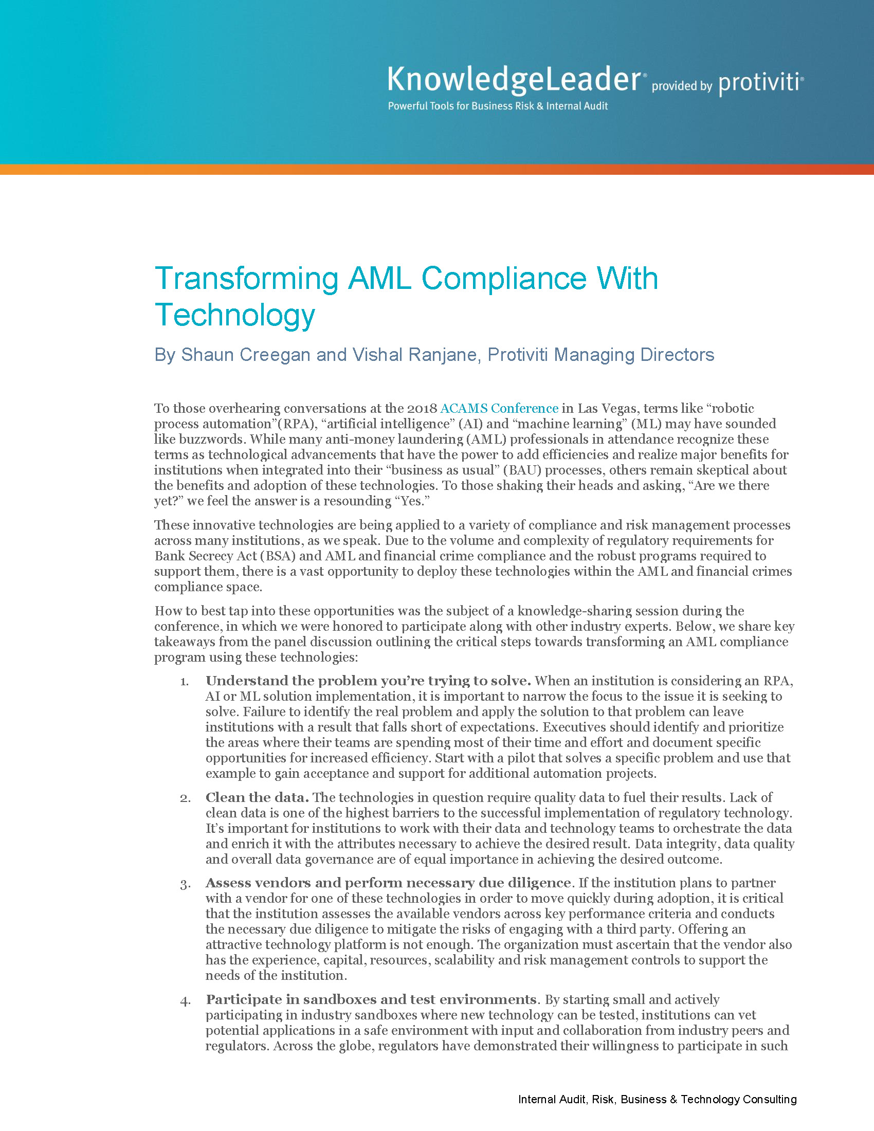 Screenshot of the first page of Transforming AML Compliance With Technology