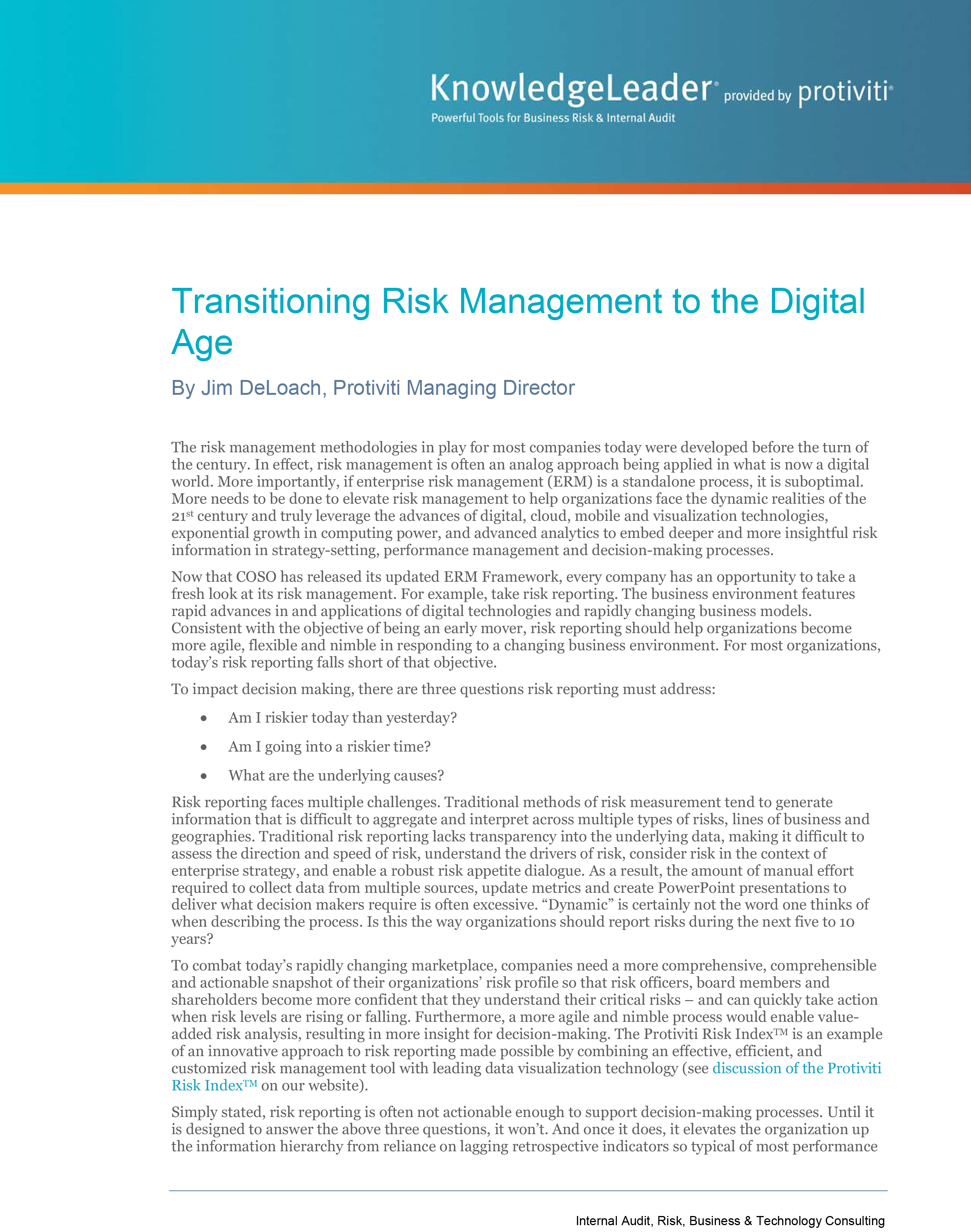 Screenshot of the first page of Transitioning Risk Management to the Digital Age
