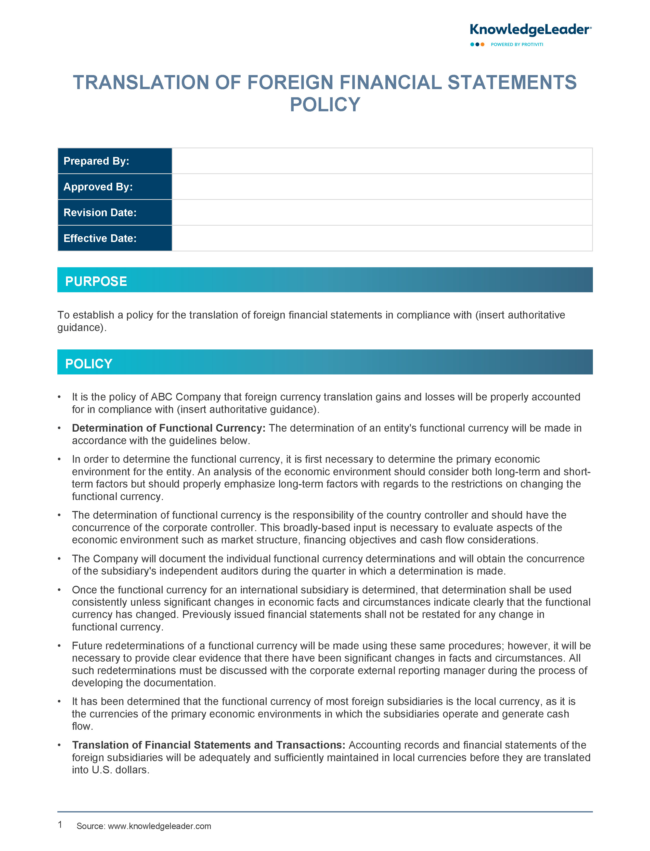 Screenshot of the first page of Translation of Foreign Financial Statements Policy