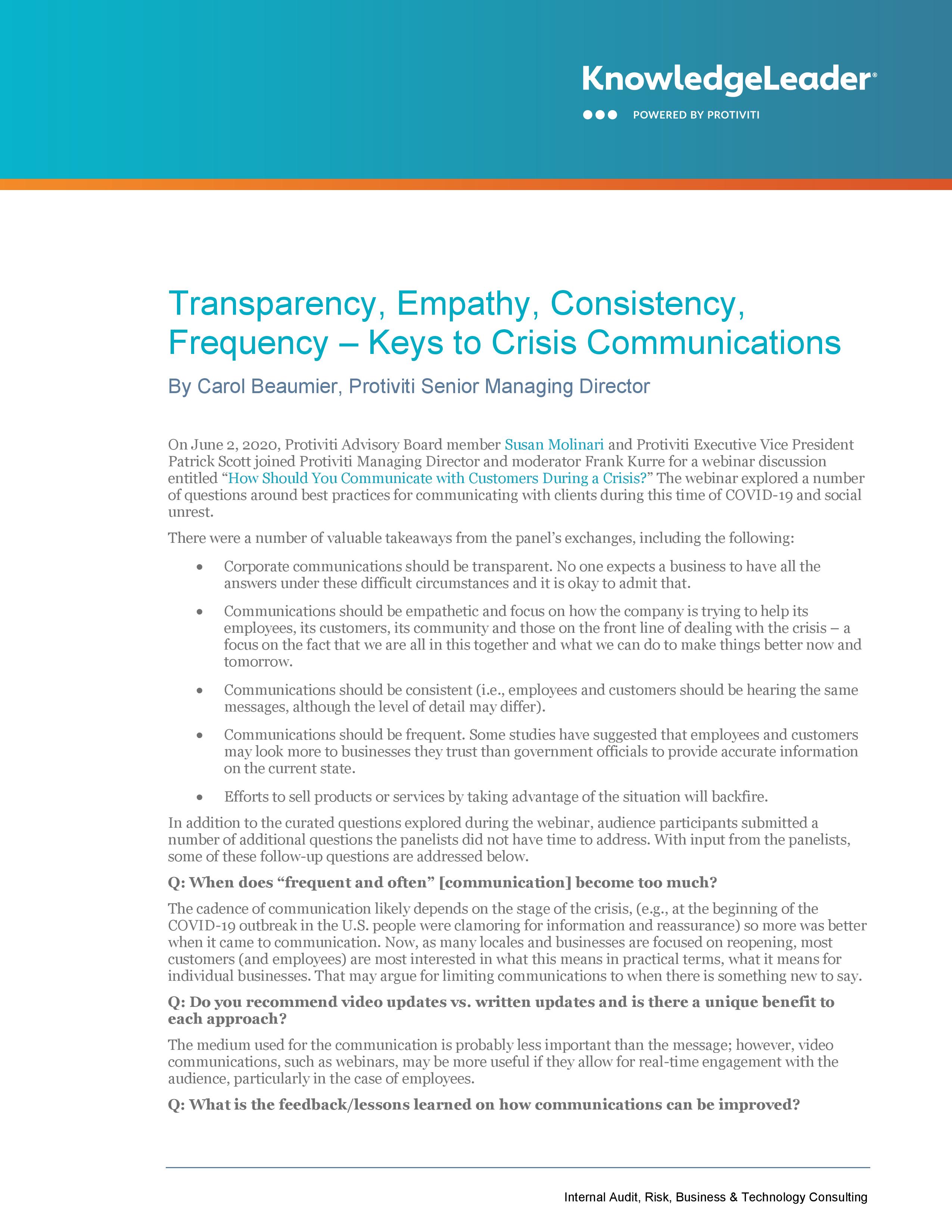 Screenshot of first page of Transparency, Empathy, Consistency, Frequency – Keys to Crisis Communications