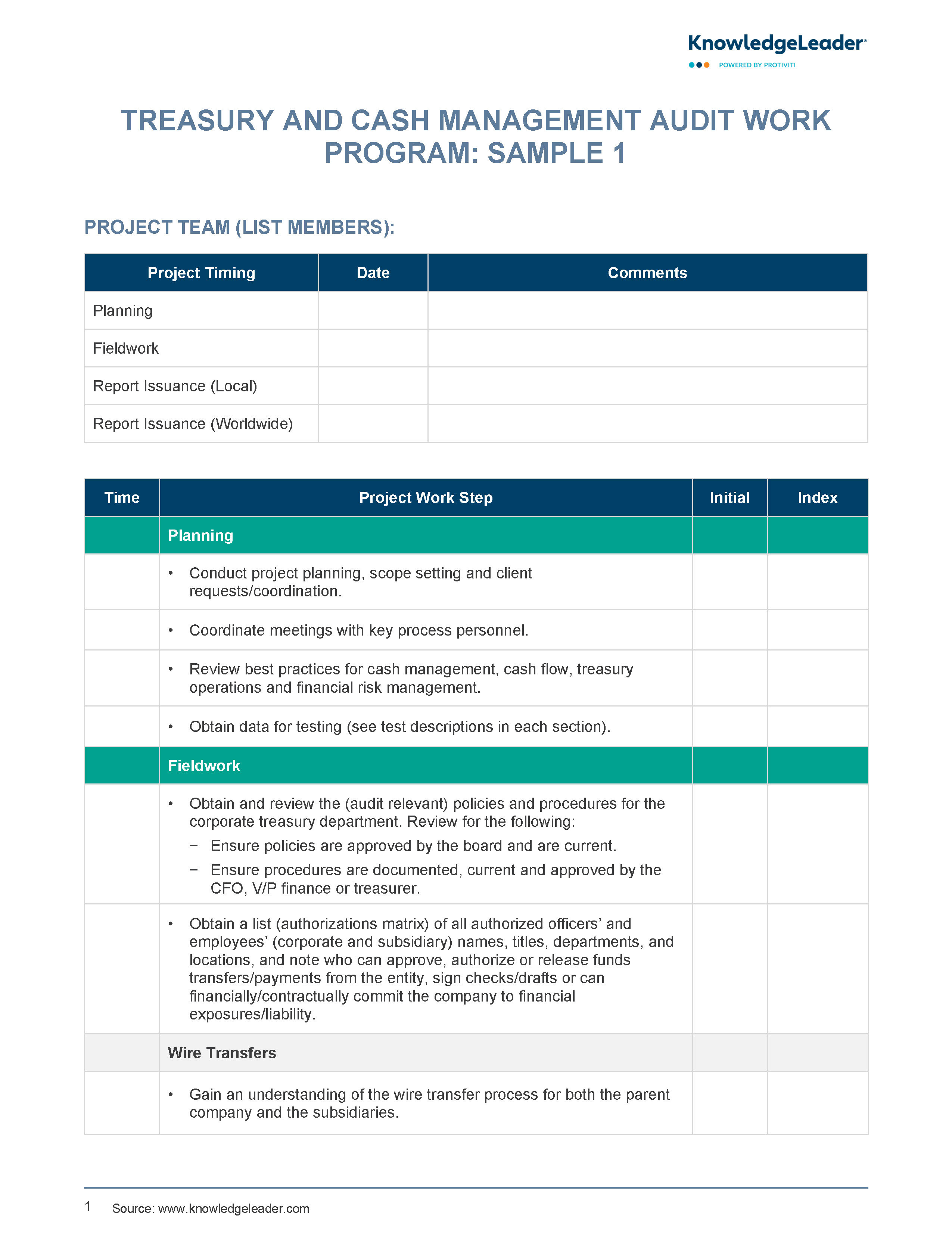 Screenshot of the first page of Treasury and Cash Management Work Program