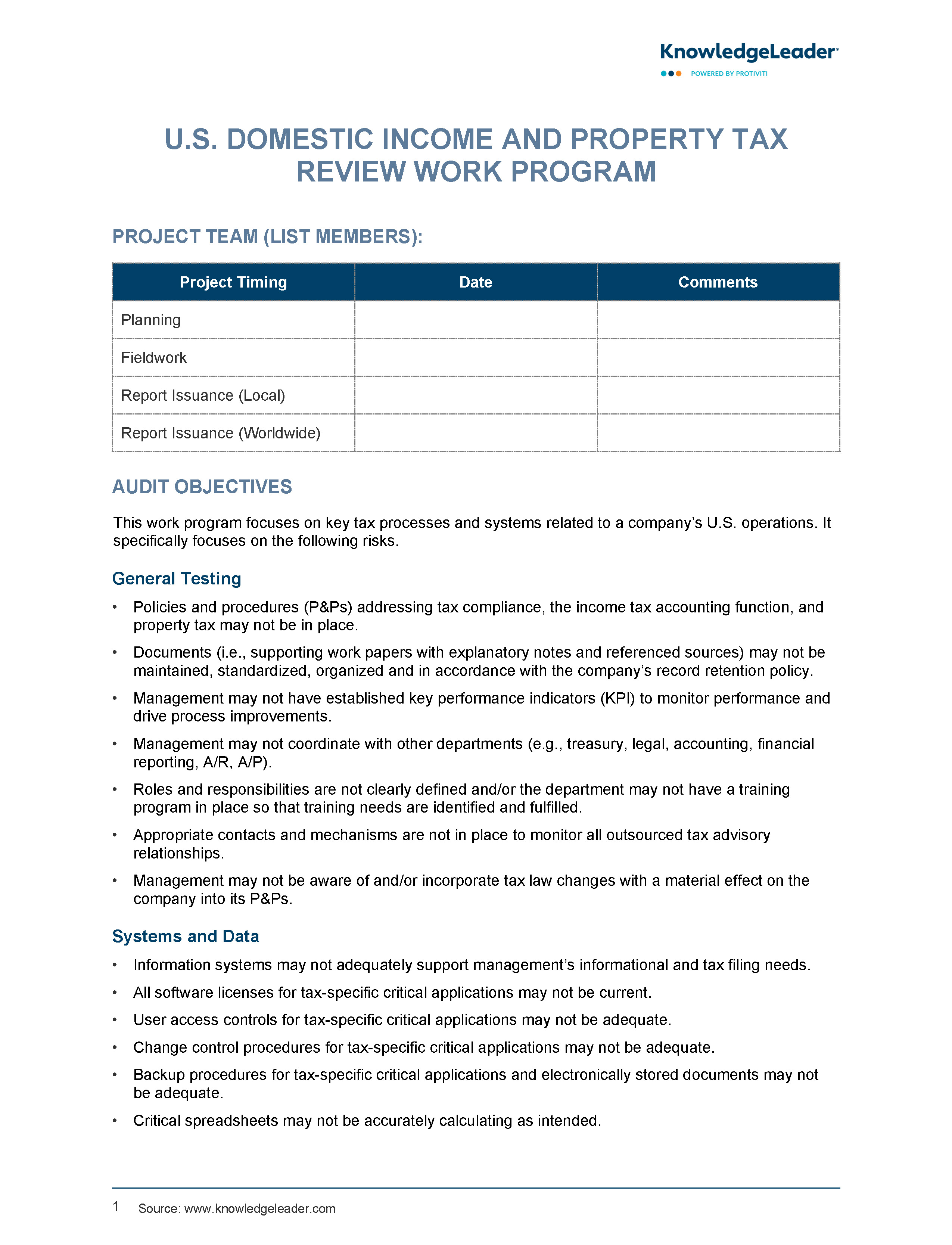 Screenshot of the first page of U.S. Domestic Income and Property Tax Review Audit Work Program
