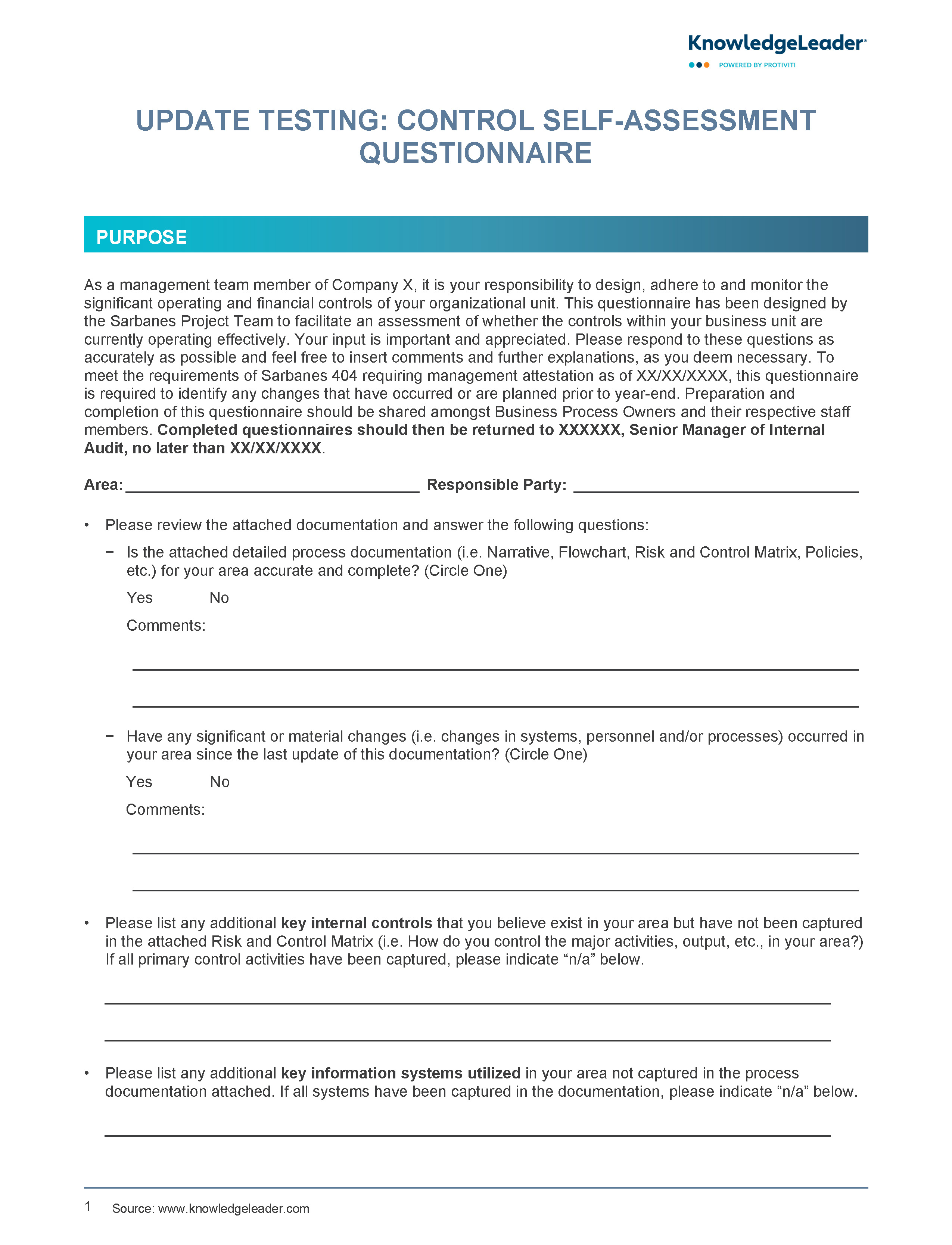 Screenshot of the first page of Update Testing – Control Self Assessment Questionnaire