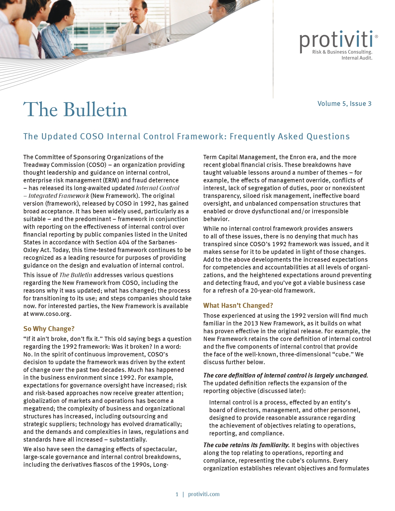 Screenshot of the first page of Updated COSO Internal Control Framework - Frequently Asked Questions