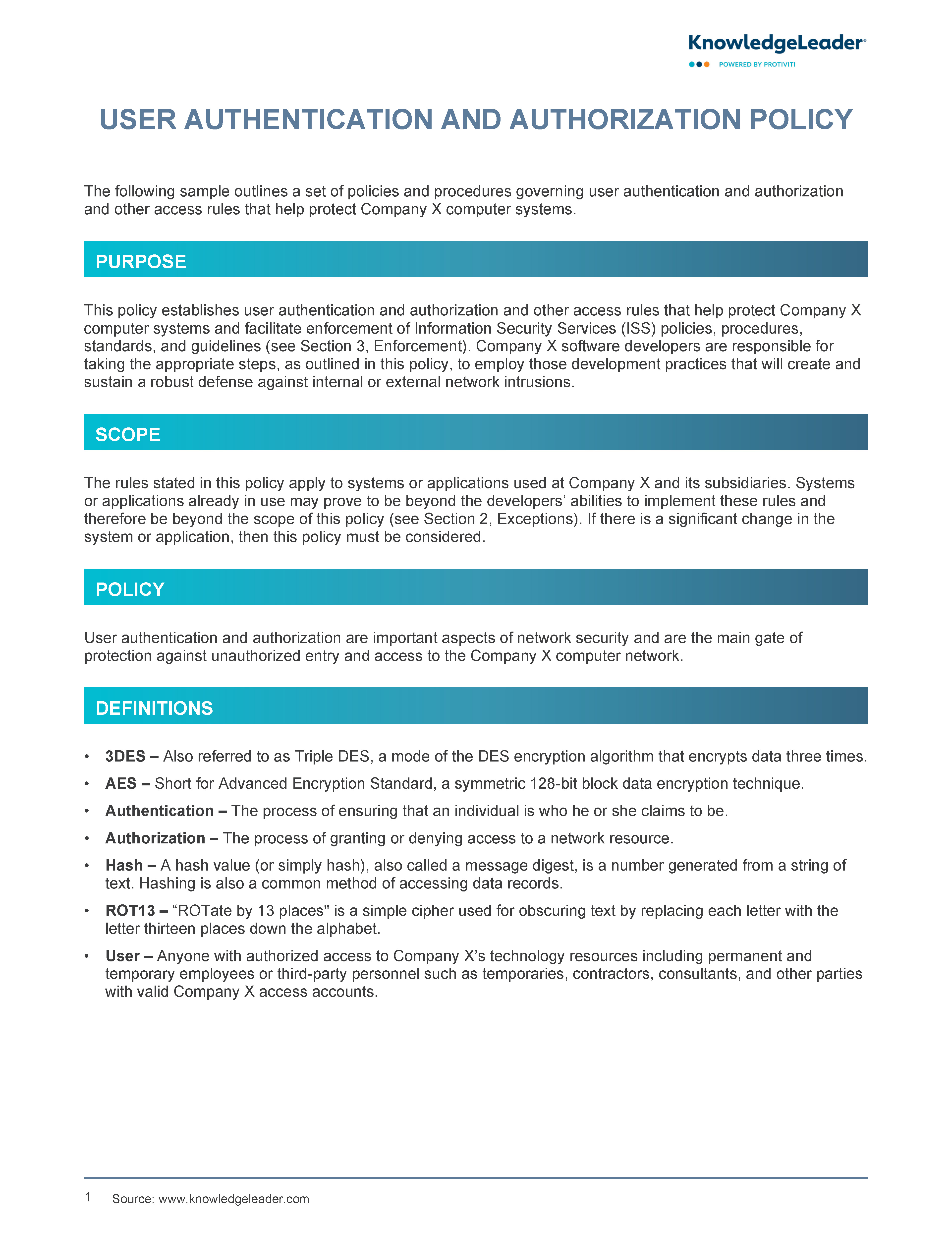 Screenshot of the first page of User Authentication and Authorization Policy