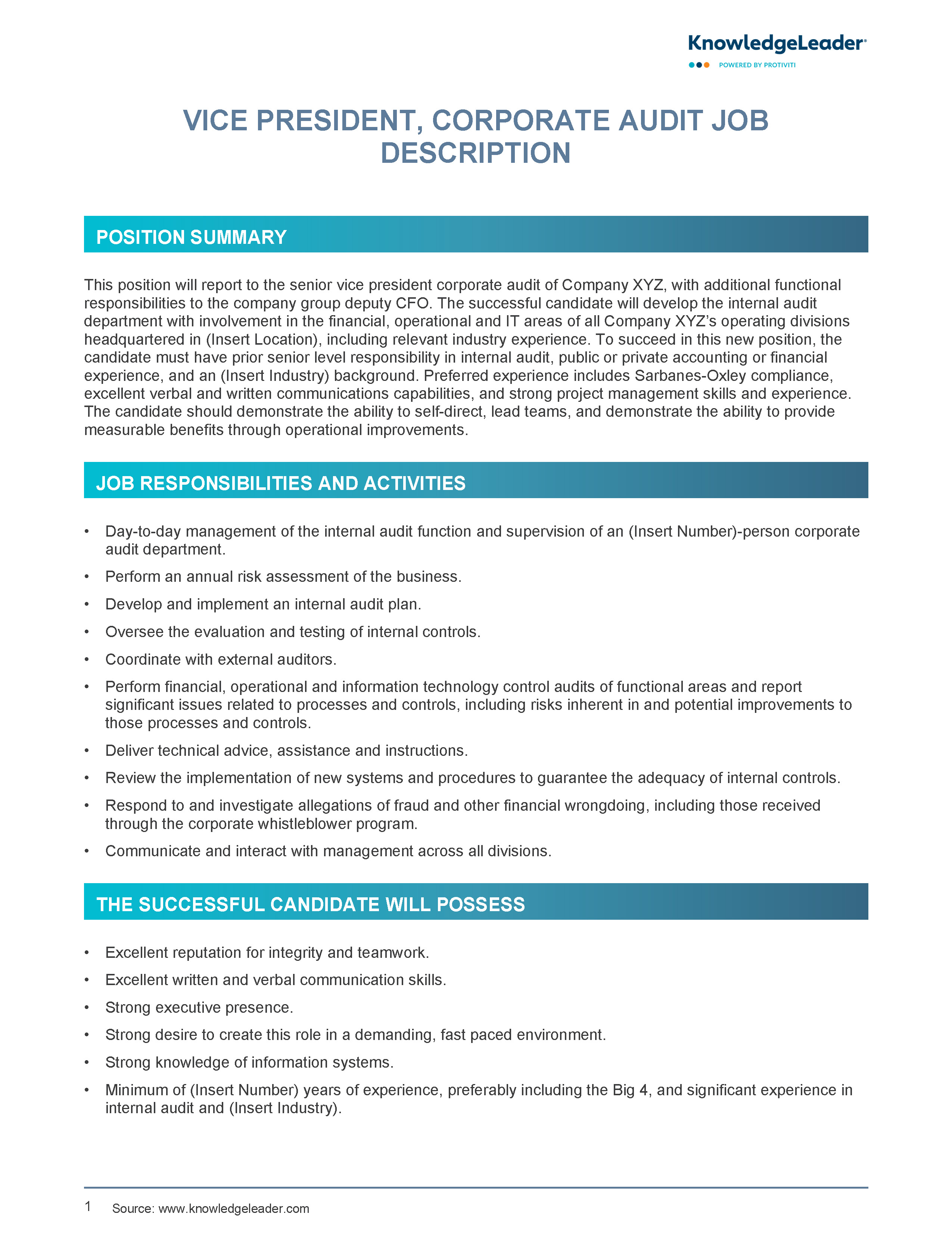 Screenshot of the first page of VP Corporate Audit Job Description