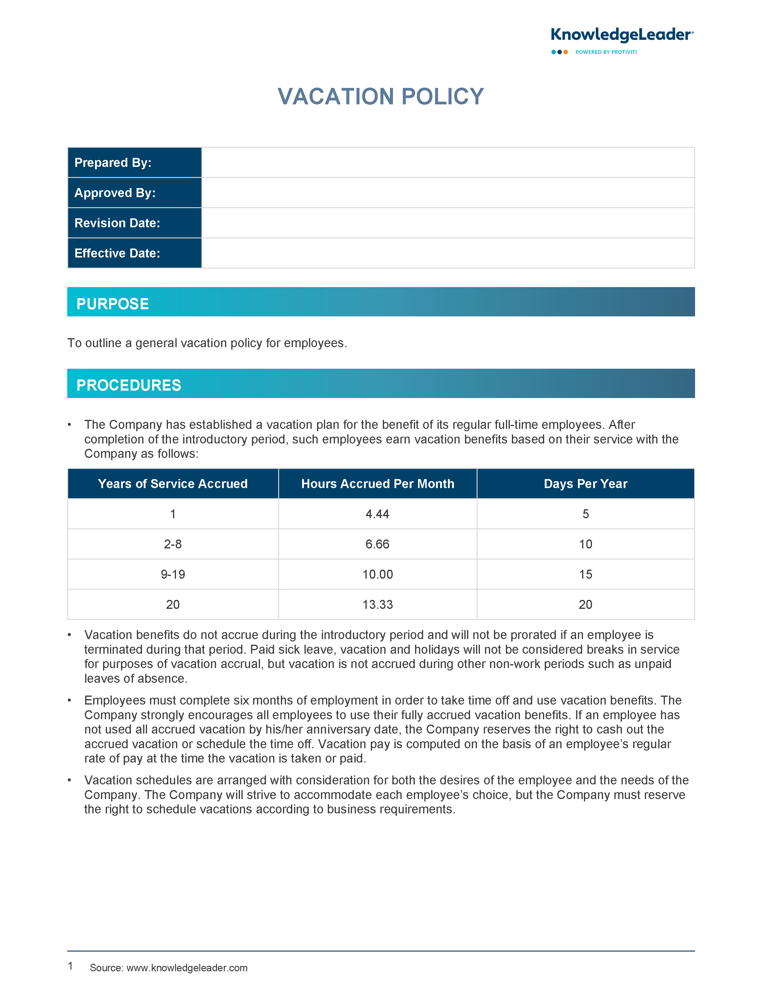 Screenshot of the first page of Vacation Policy