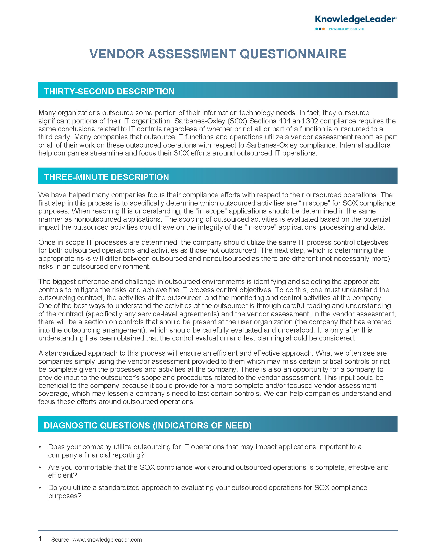 Screenshot of the first page of Vendor Assessment Questionnaire